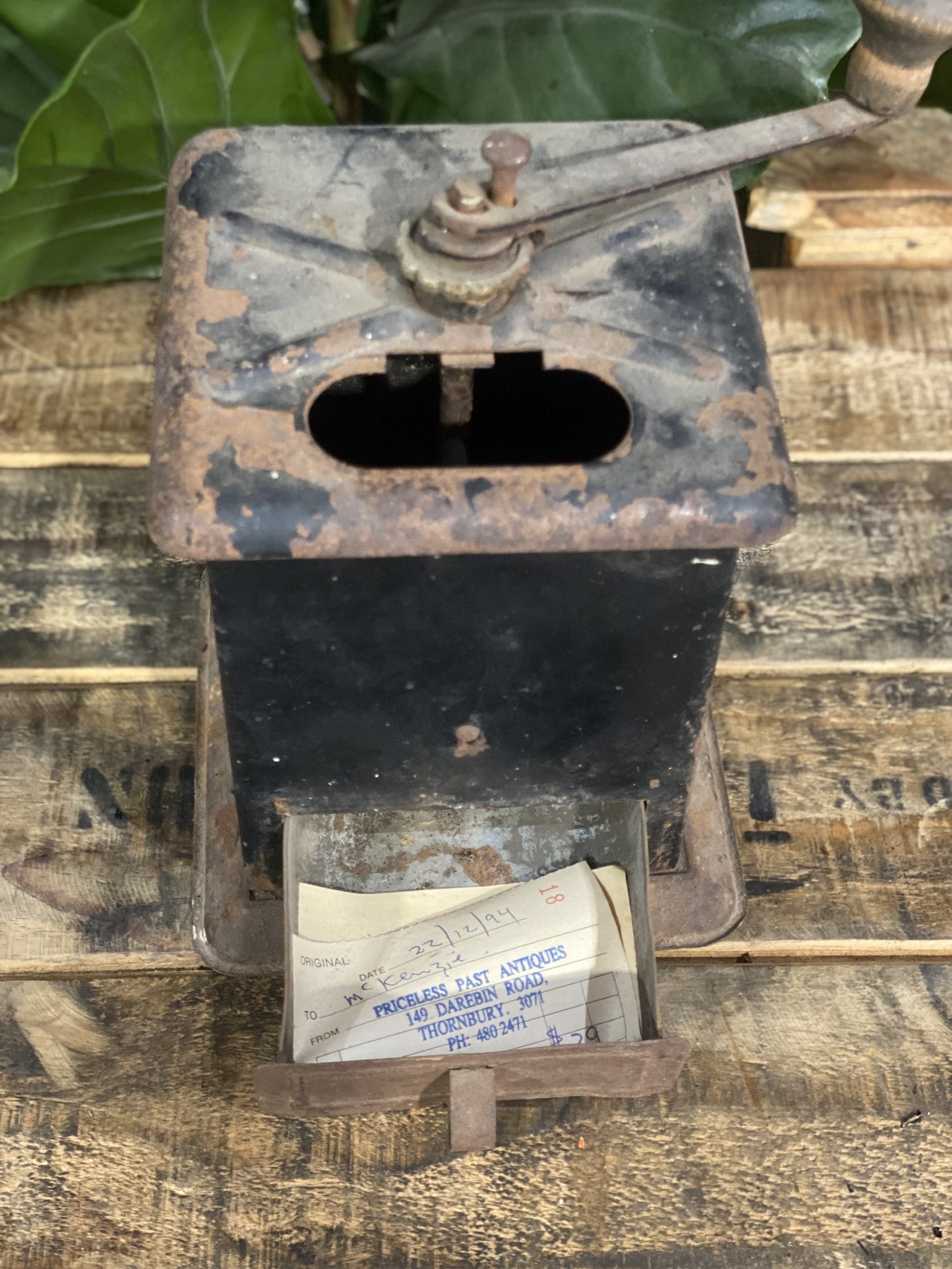 #100 1890’s Wooden Box Grinder & Steel Pull Out Drawer