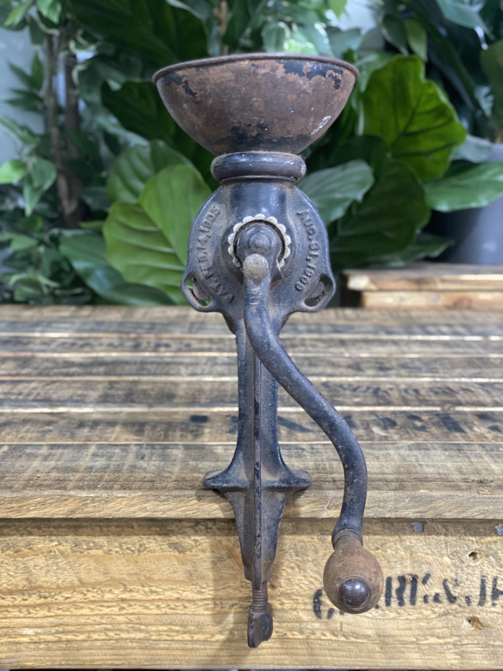 1890’s Cast Iron Black & Green Bench Top Hand Coffee Grinder displayed on wooden surface.