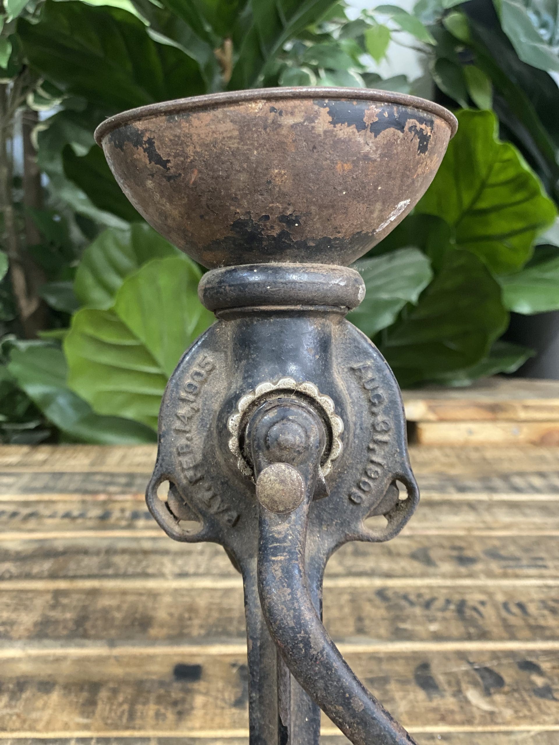 1890’s Cast Iron Black & Green Bench Top Hand Coffee Grinder vintage detail of bowl and handle.