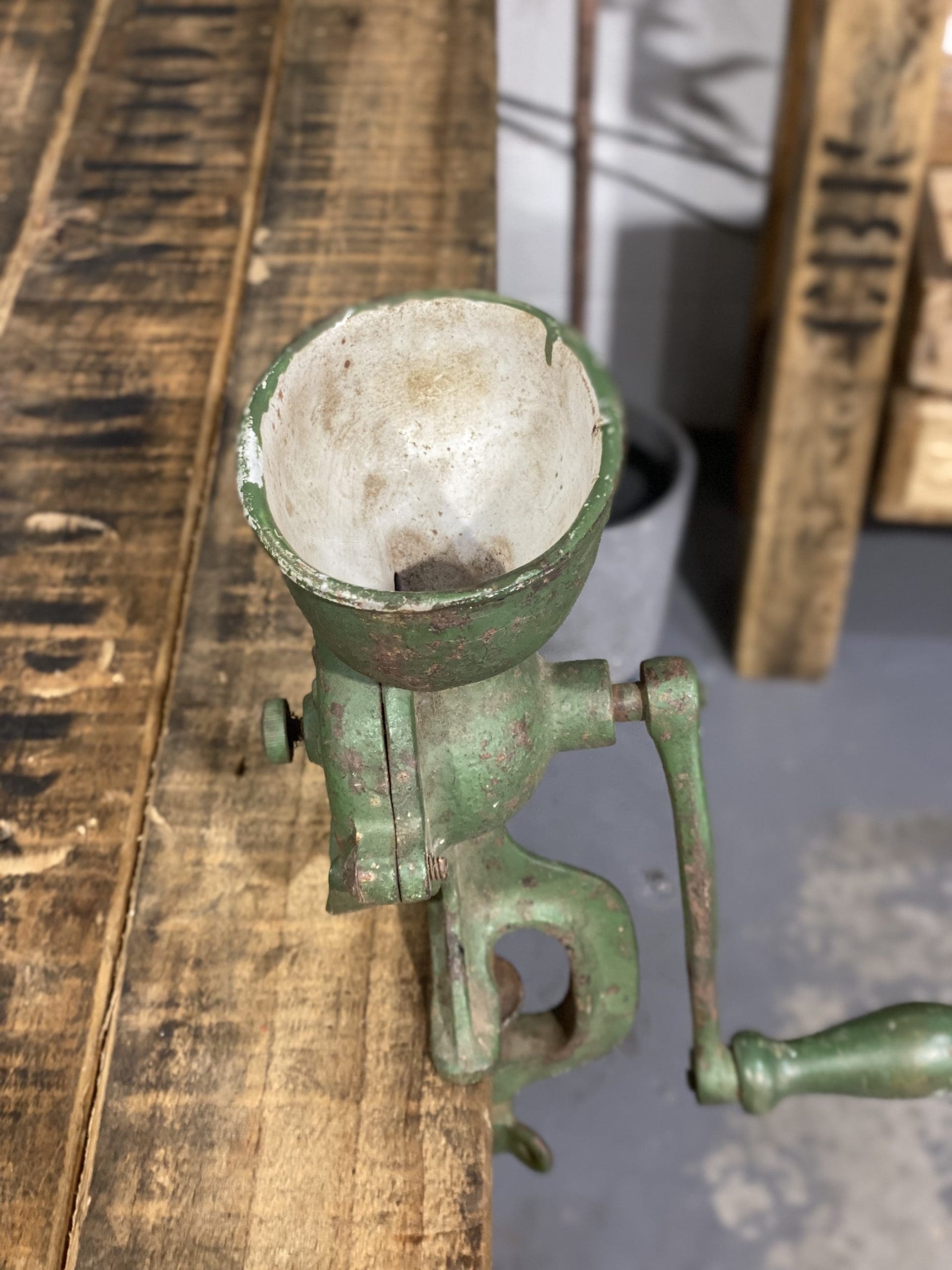 #48 1900’s Beatrice Bench Clamp Cast Iron Hand Coffee Grinder