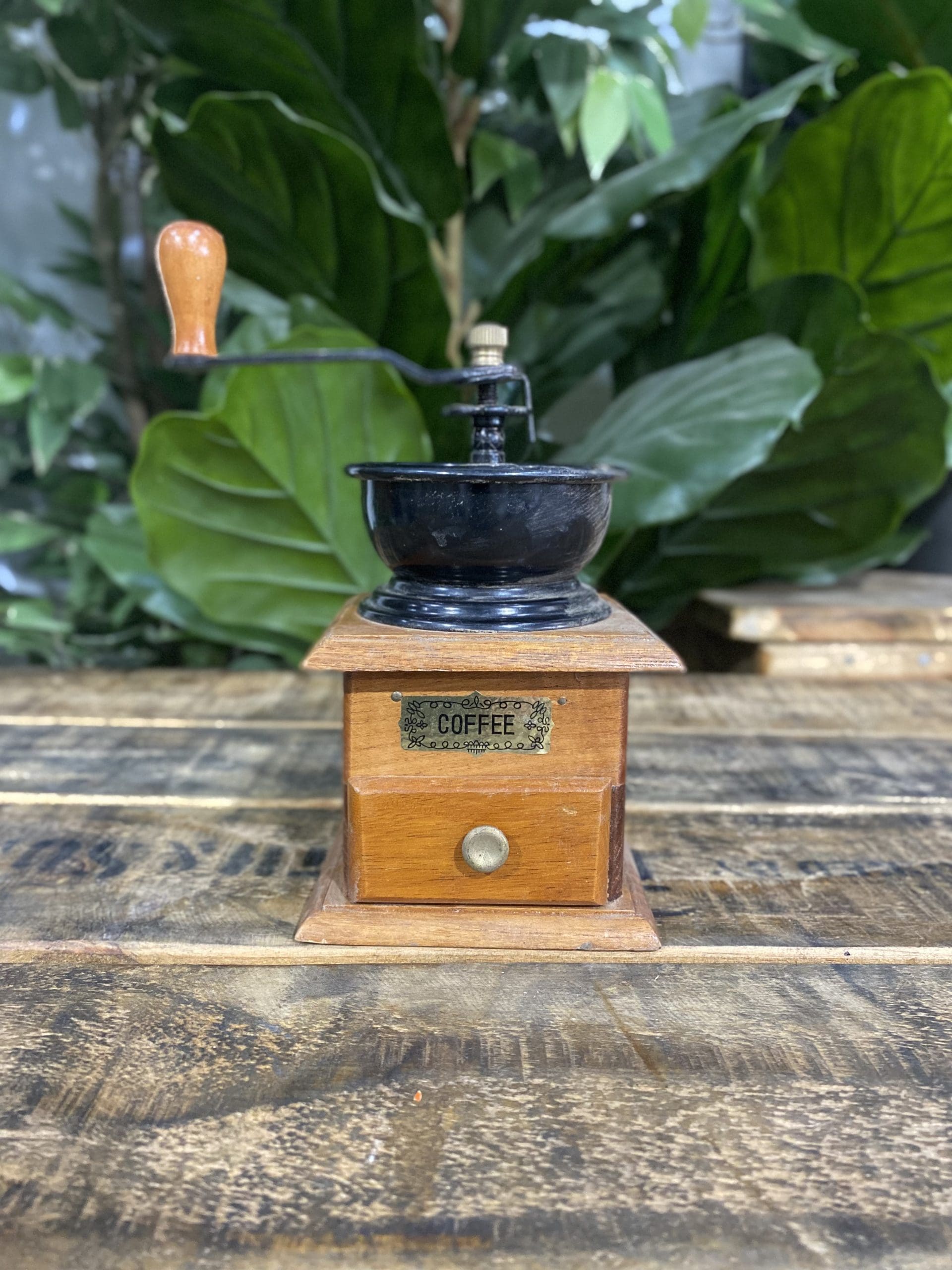 #504 1950’s Small Wooden Square Hand Coffee Grinder & Pull Out Drawer