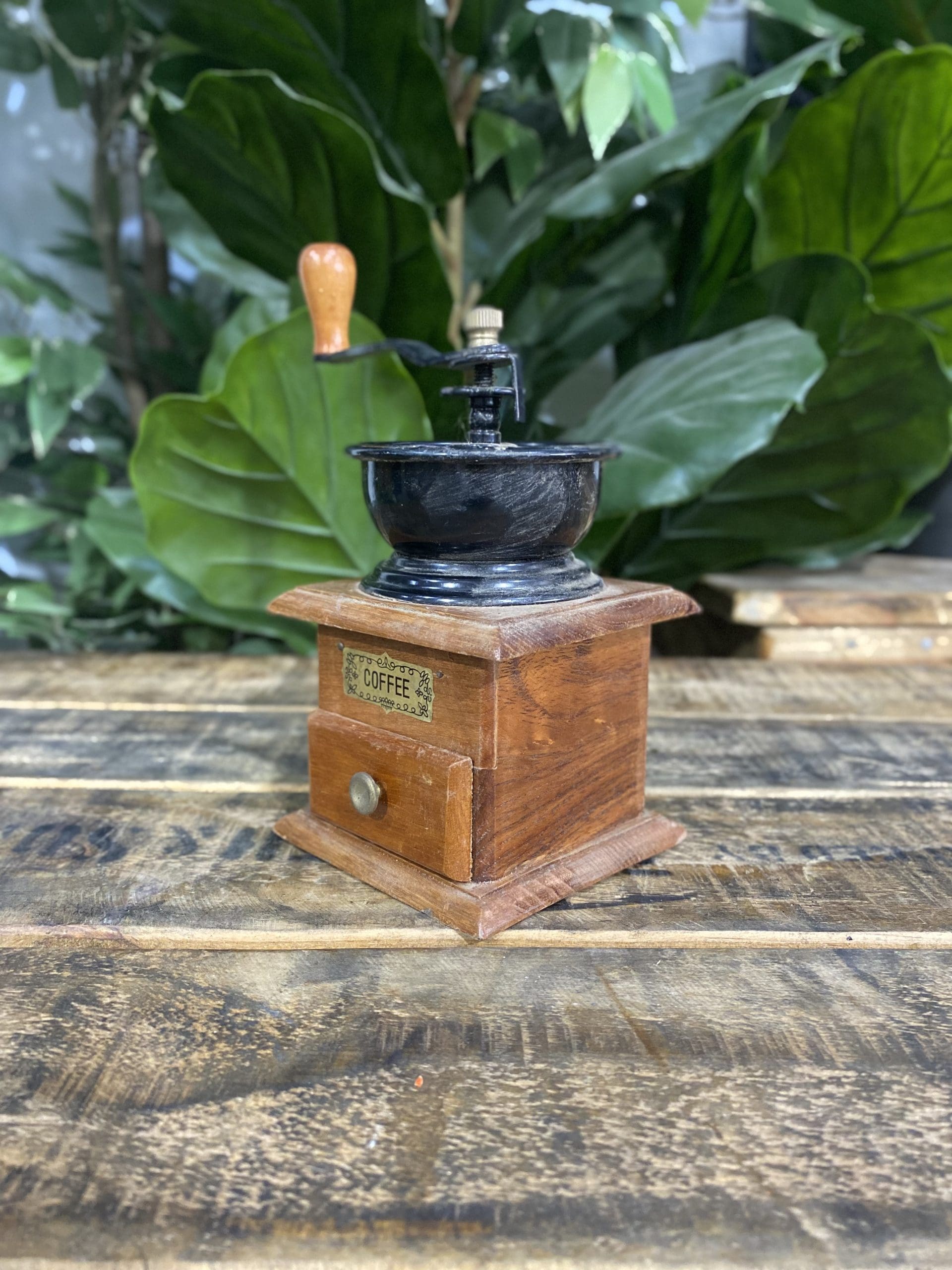 #504 1950’s Small Wooden Square Hand Coffee Grinder & Pull Out Drawer