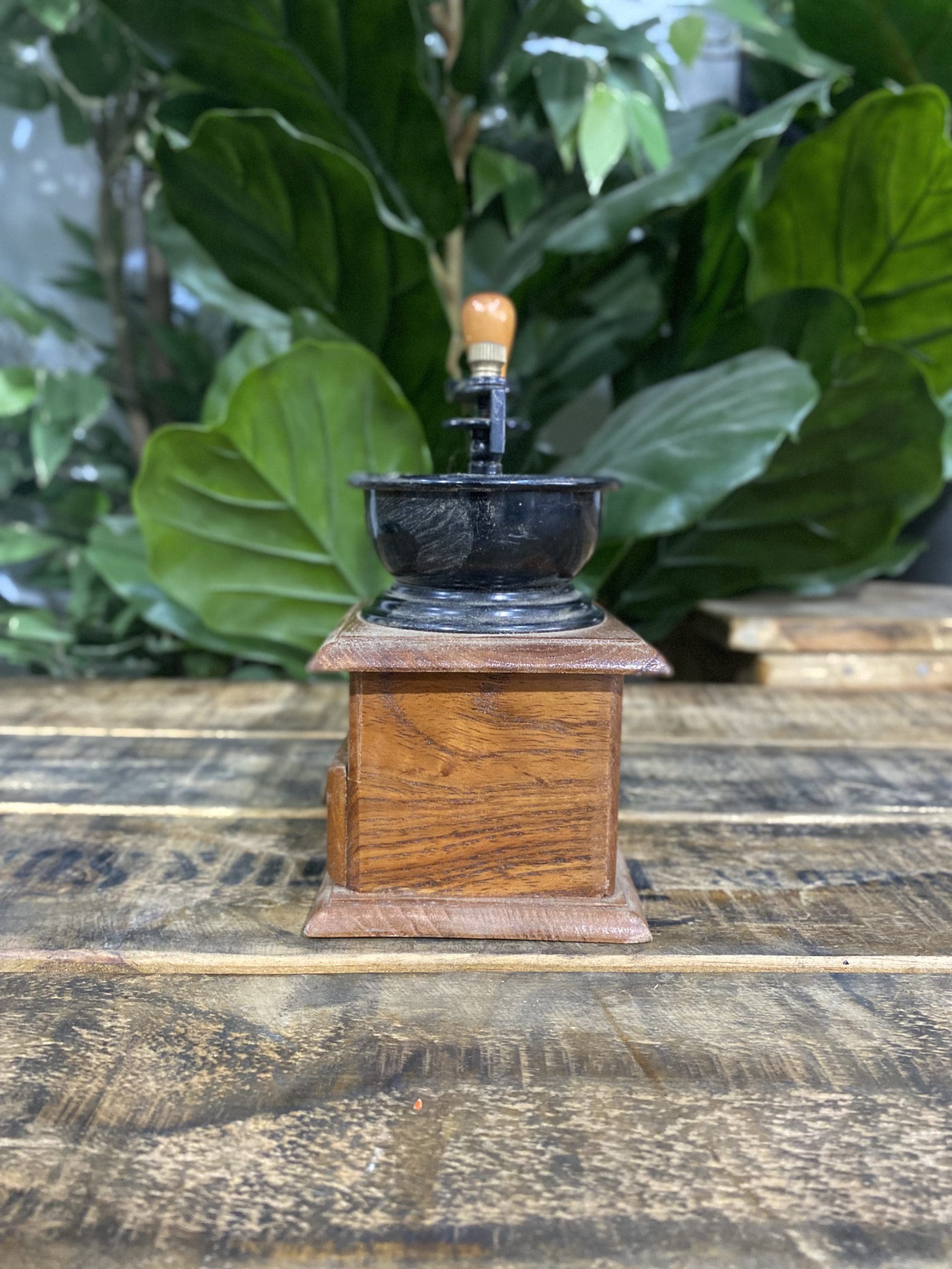 #504 1950’s Small Wooden Square Hand Coffee Grinder & Pull Out Drawer