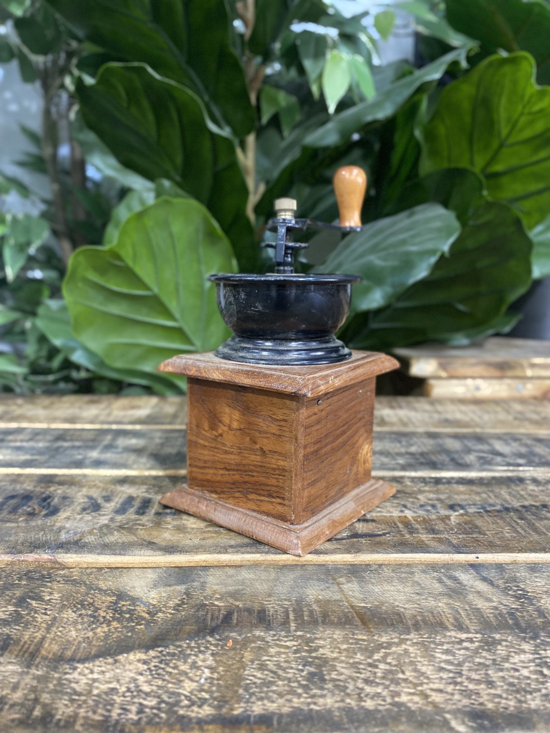 #504 1950’s Small Wooden Square Hand Coffee Grinder & Pull Out Drawer