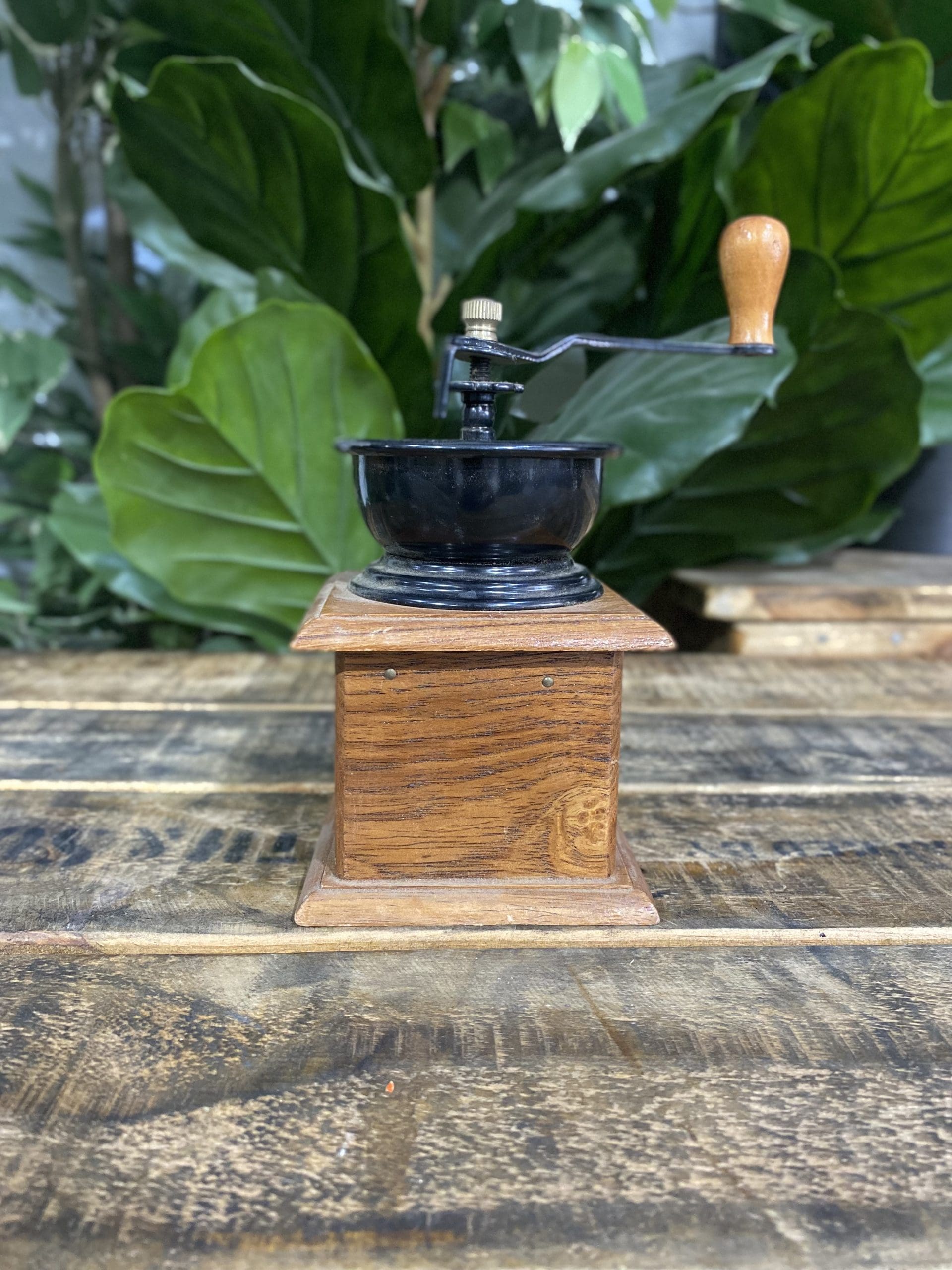#504 1950’s Small Wooden Square Hand Coffee Grinder & Pull Out Drawer