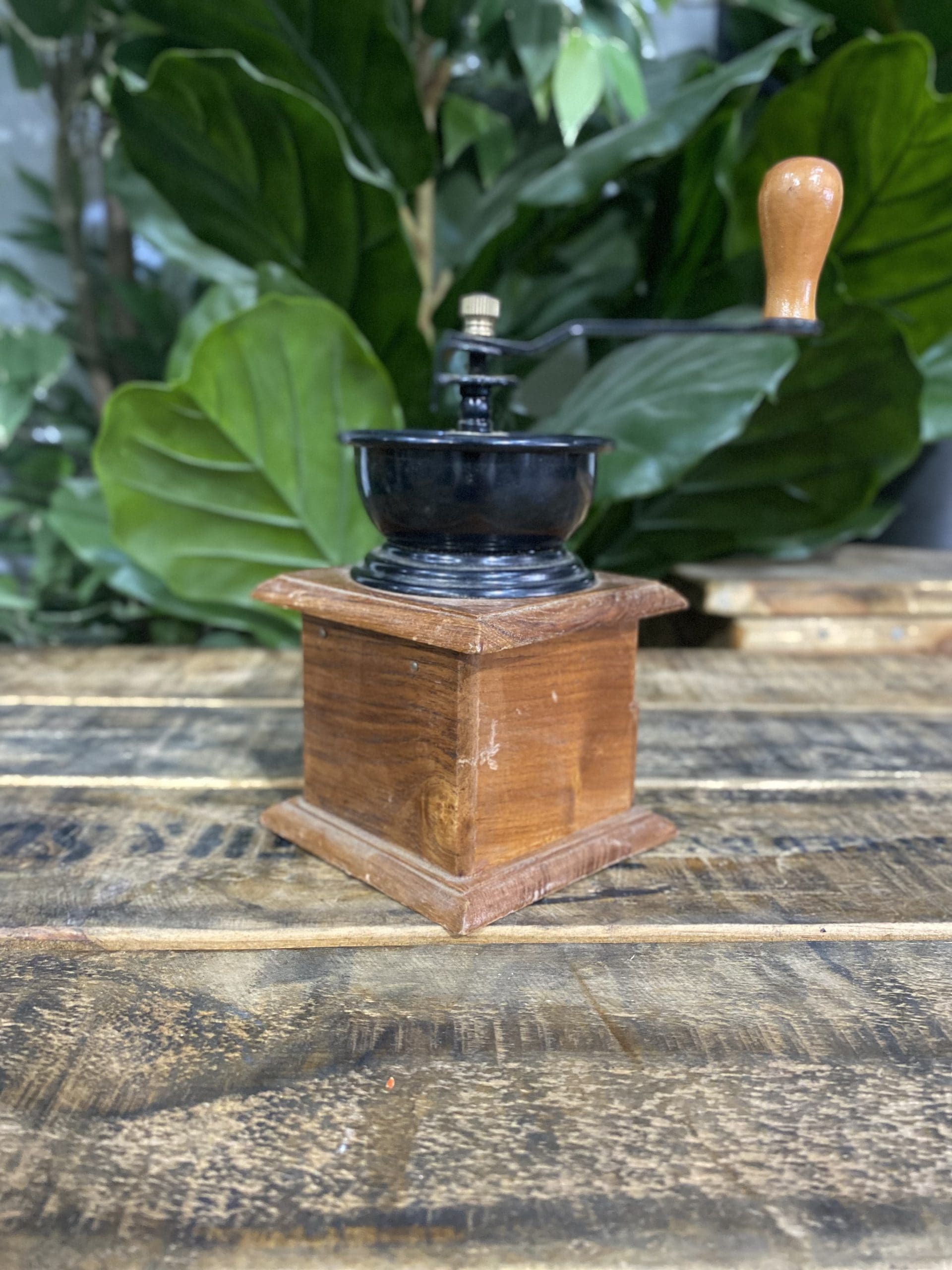 #504 1950’s Small Wooden Square Hand Coffee Grinder & Pull Out Drawer