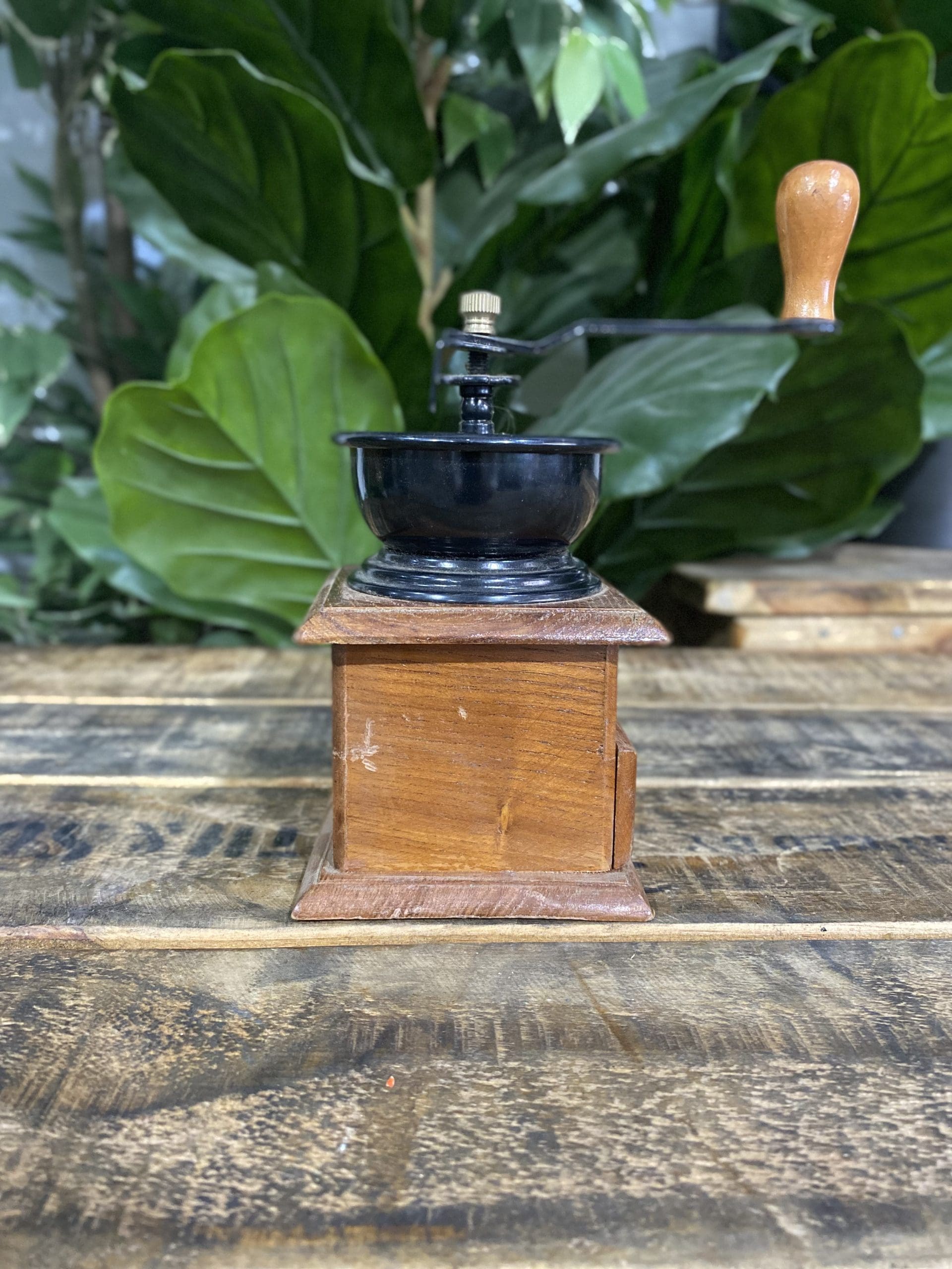 #504 1950’s Small Wooden Square Hand Coffee Grinder & Pull Out Drawer