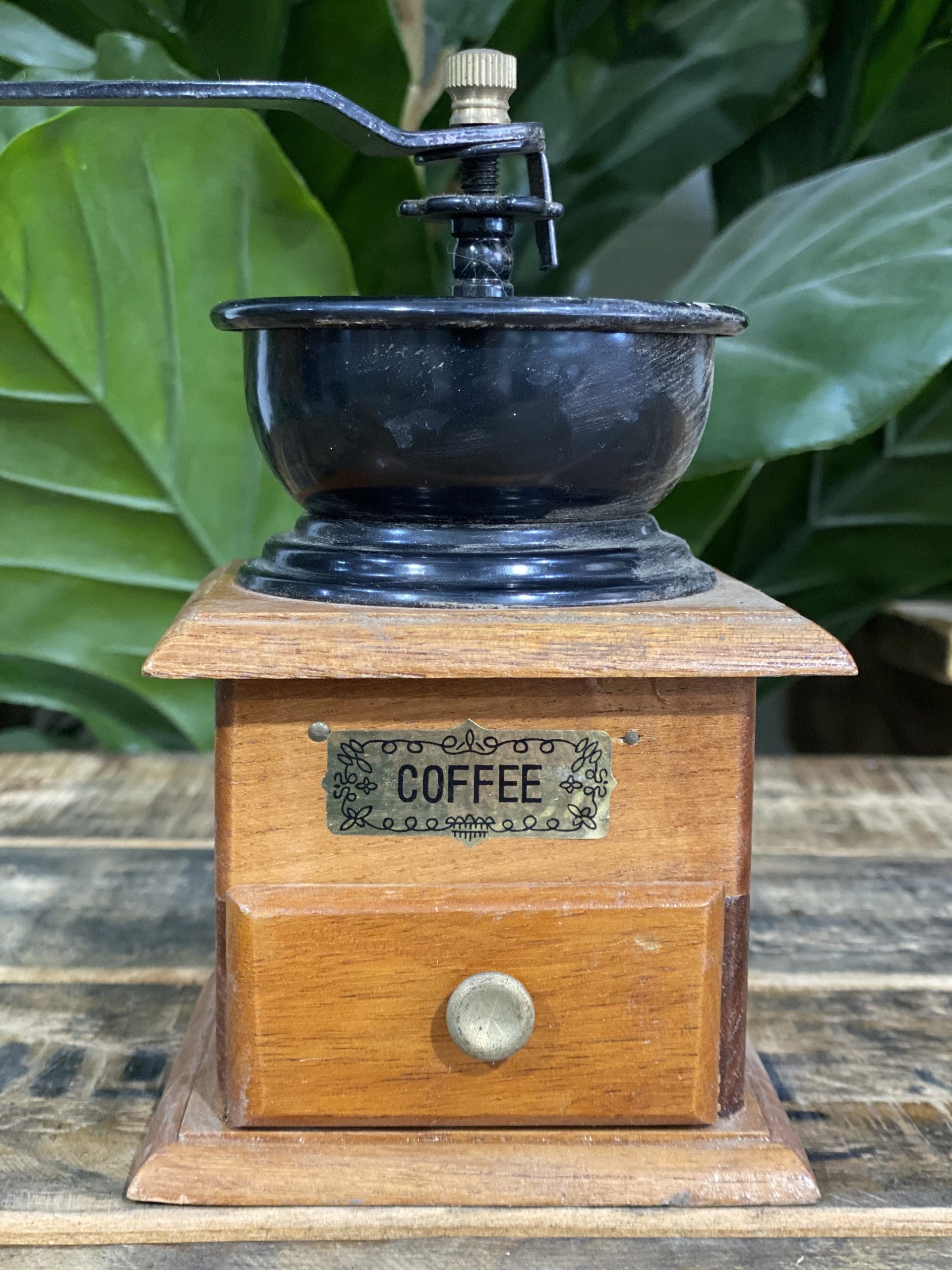 #504 1950’s Small Wooden Square Hand Coffee Grinder & Pull Out Drawer