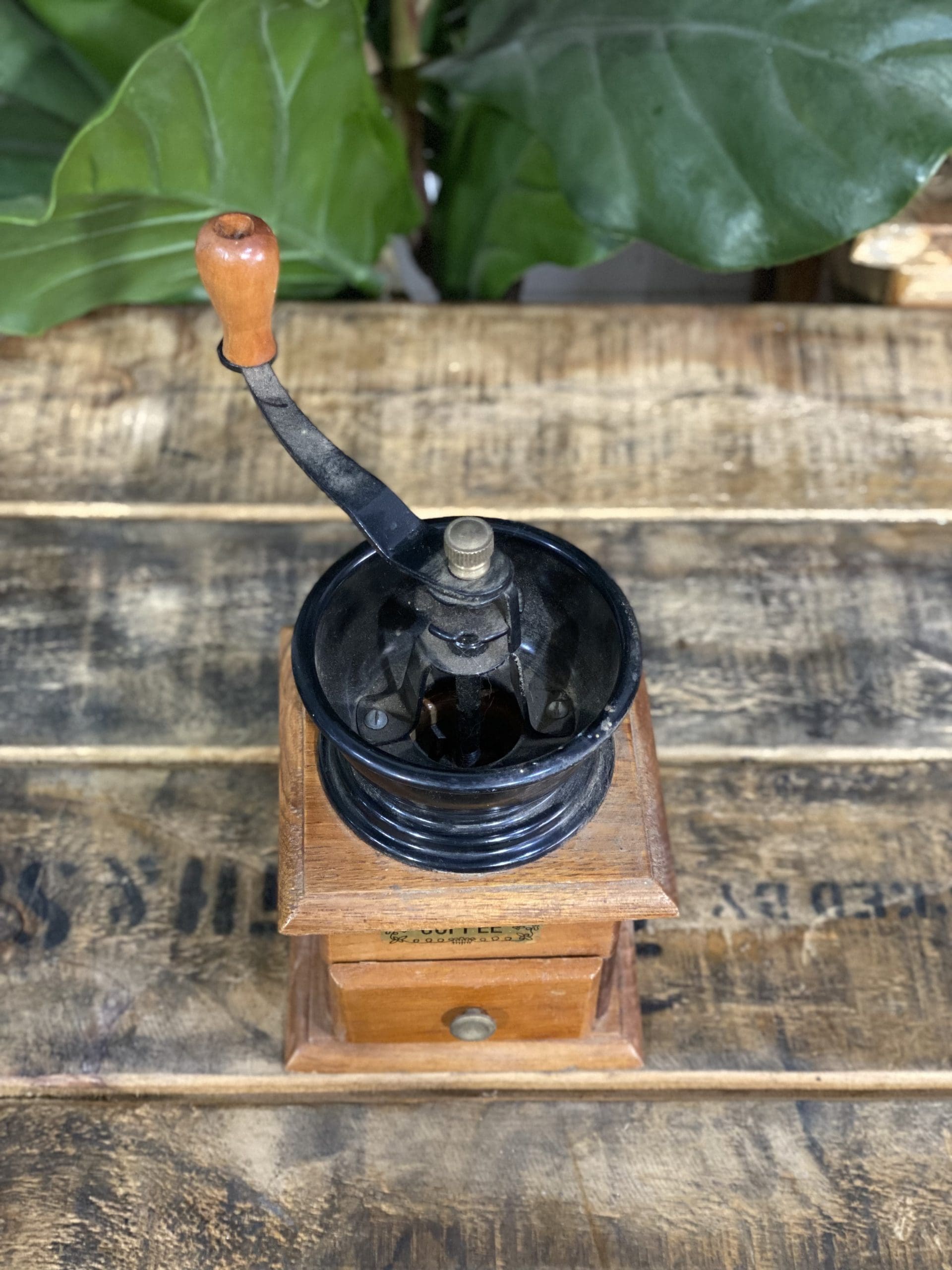 #504 1950’s Small Wooden Square Hand Coffee Grinder & Pull Out Drawer