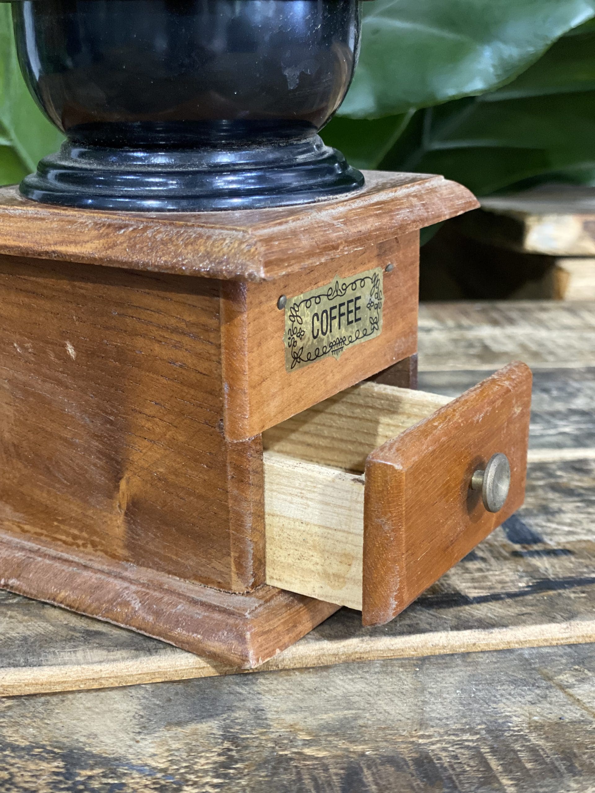 #504 1950’s Small Wooden Square Hand Coffee Grinder & Pull Out Drawer