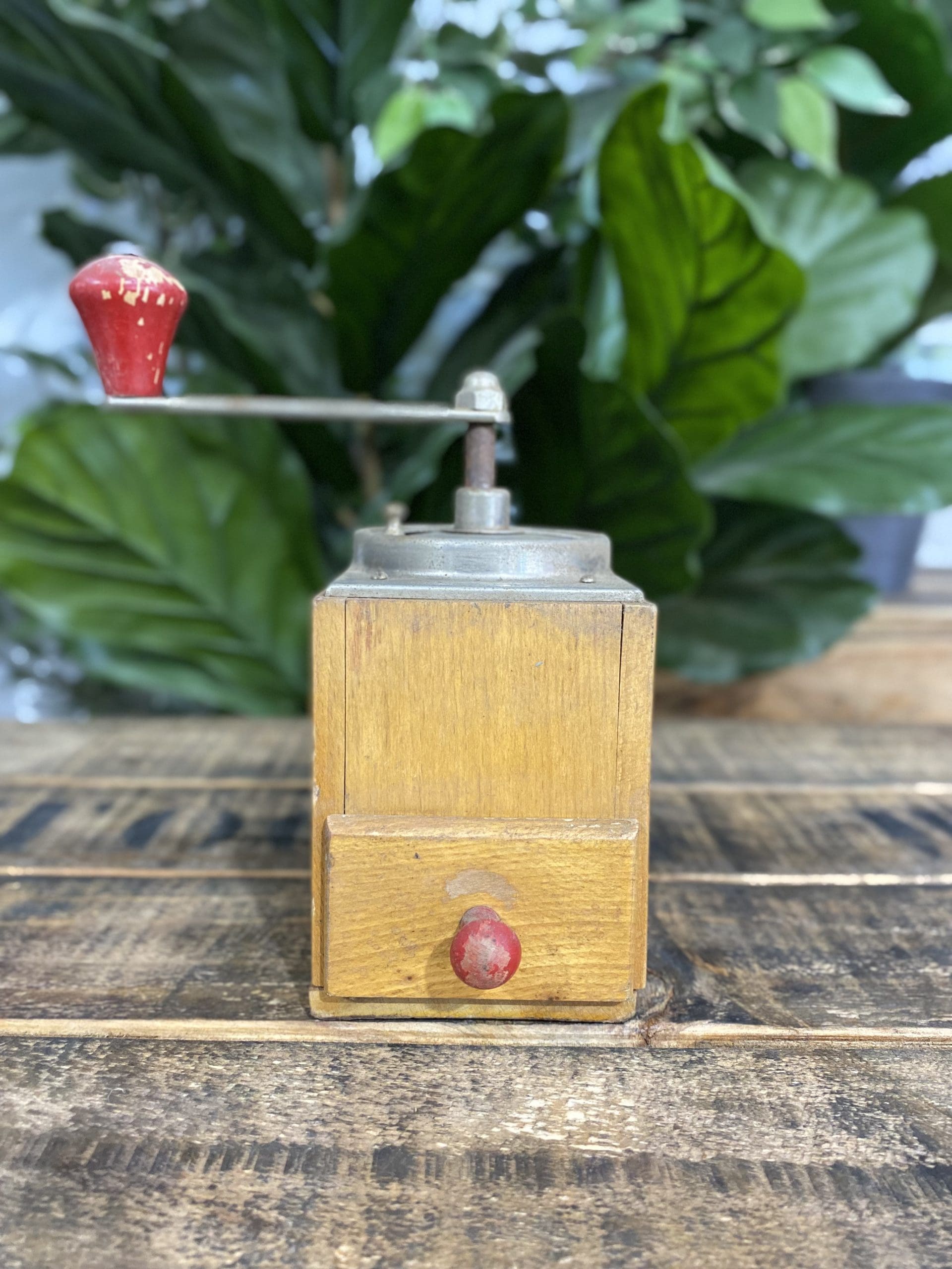 #505 1950’s Wooden Elongated Hand Coffee Grinder & Pull Out Drawer