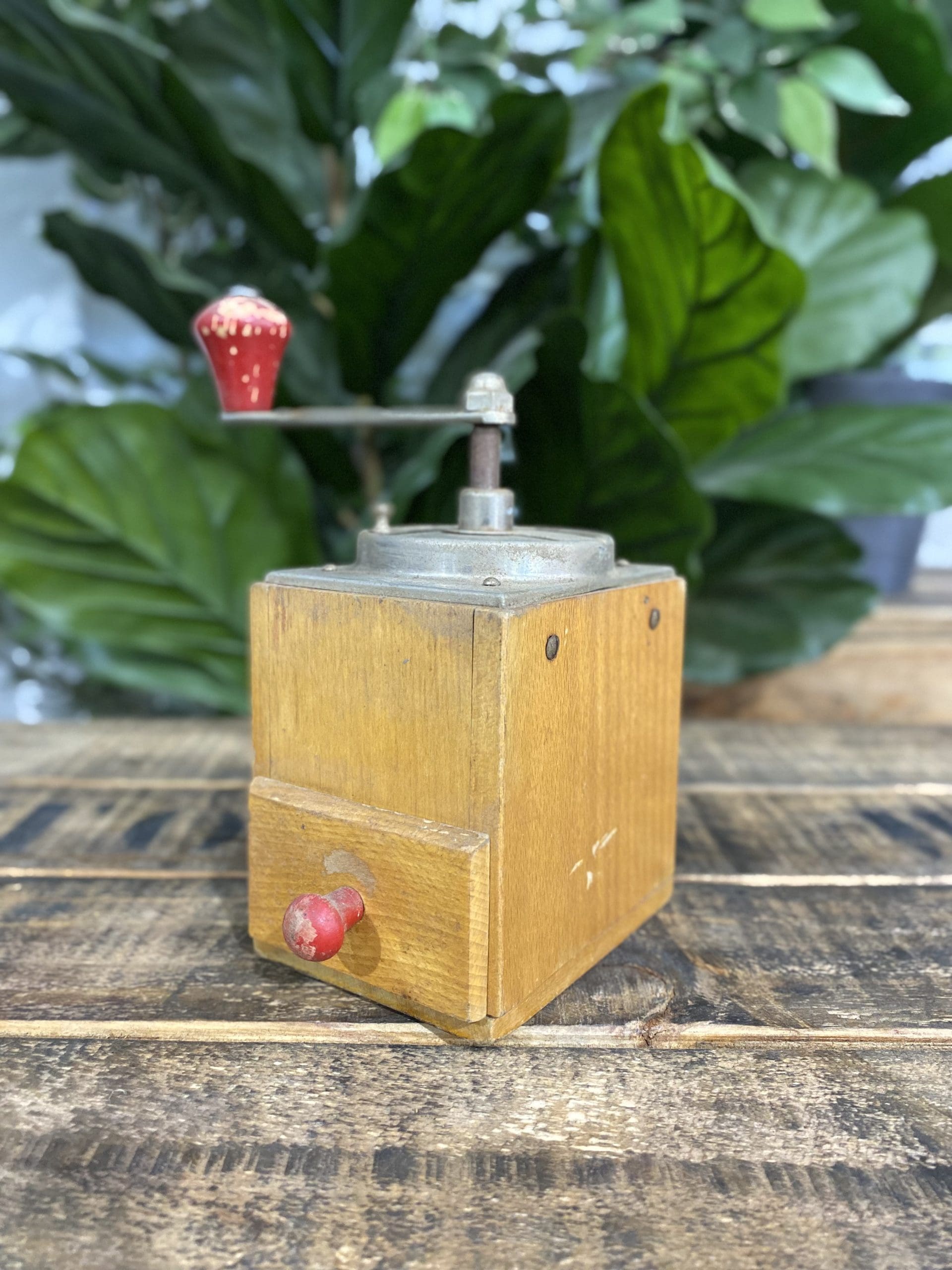#505 1950’s Wooden Elongated Hand Coffee Grinder & Pull Out Drawer