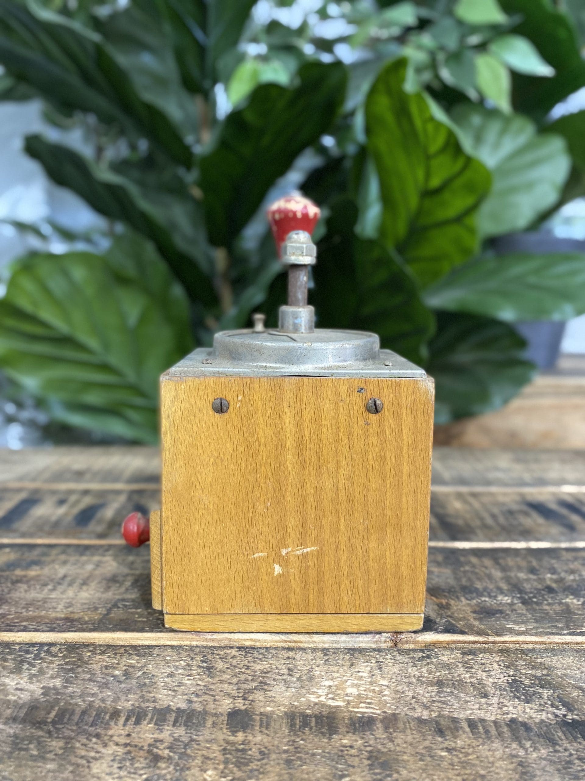 #505 1950’s Wooden Elongated Hand Coffee Grinder & Pull Out Drawer