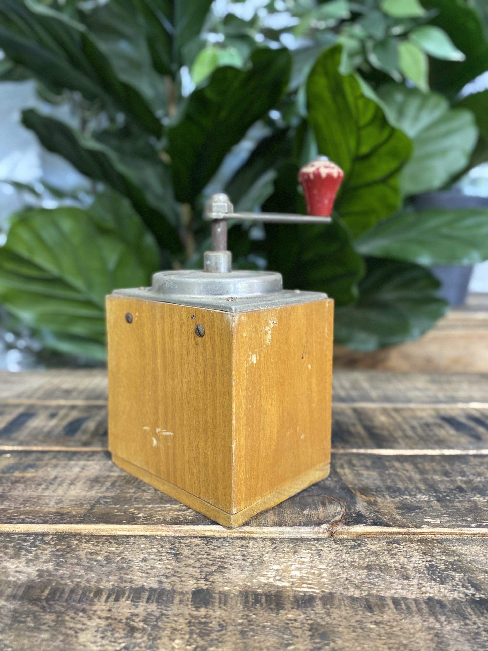 #505 1950’s Wooden Elongated Hand Coffee Grinder & Pull Out Drawer