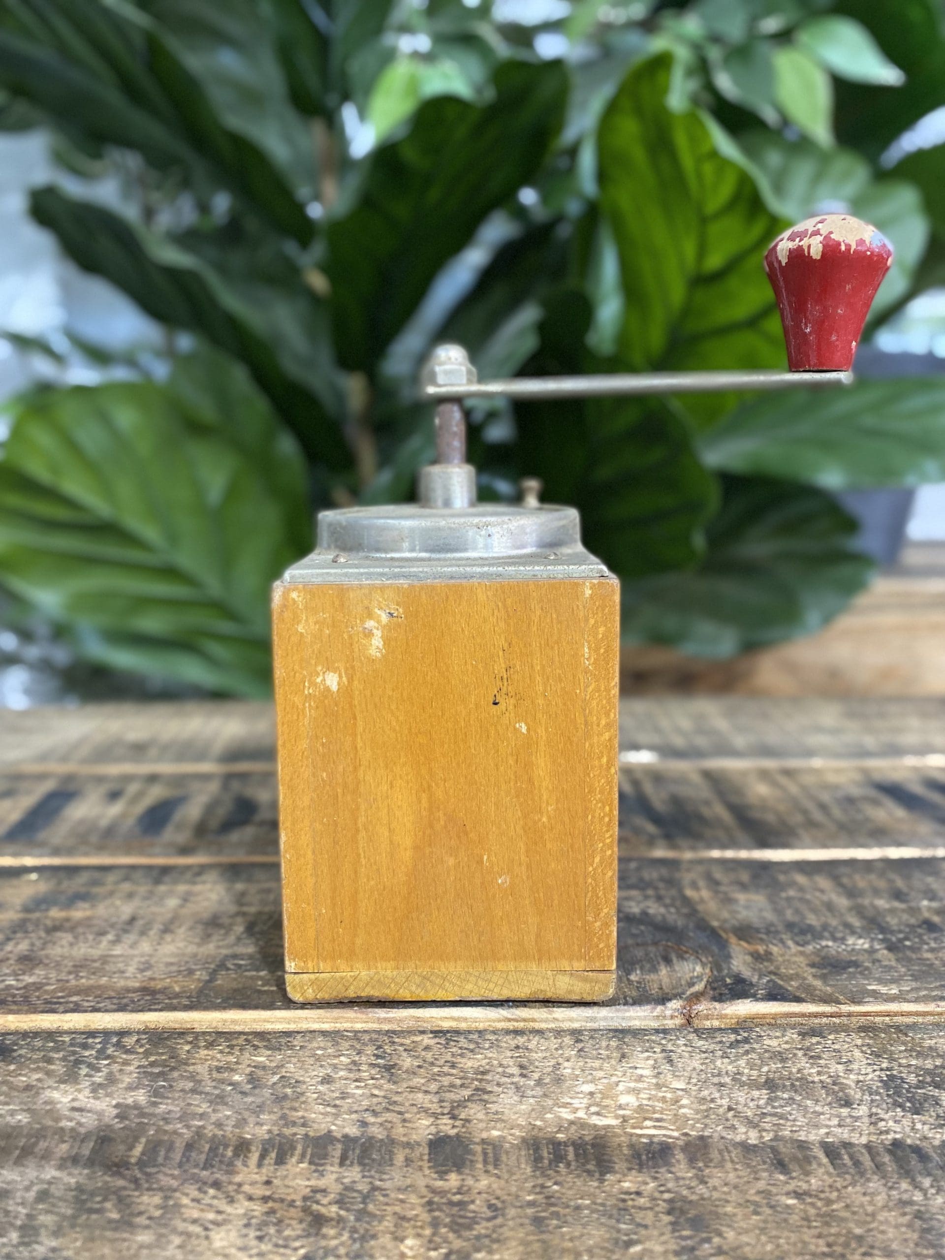 #505 1950’s Wooden Elongated Hand Coffee Grinder & Pull Out Drawer