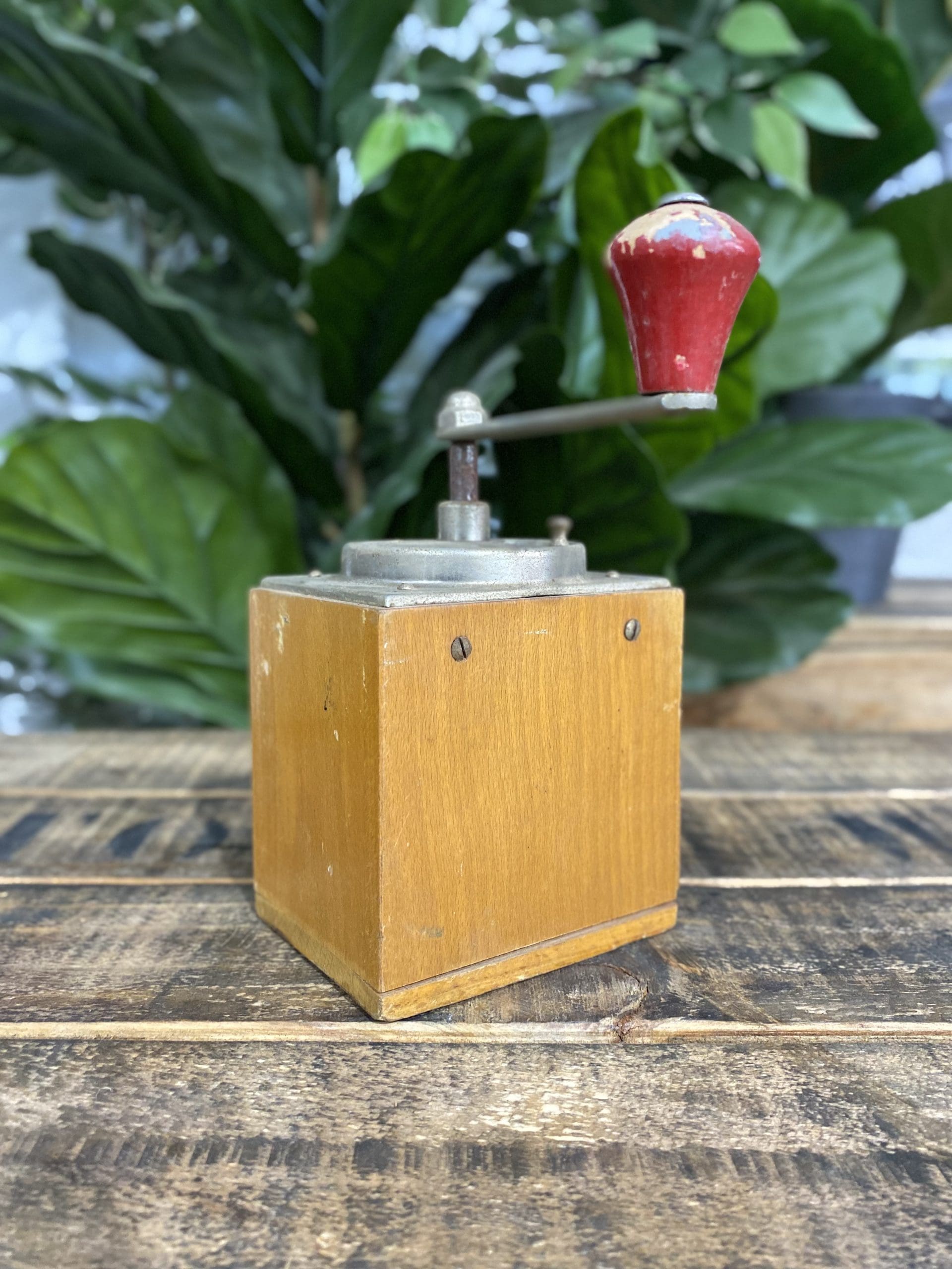 #505 1950’s Wooden Elongated Hand Coffee Grinder & Pull Out Drawer