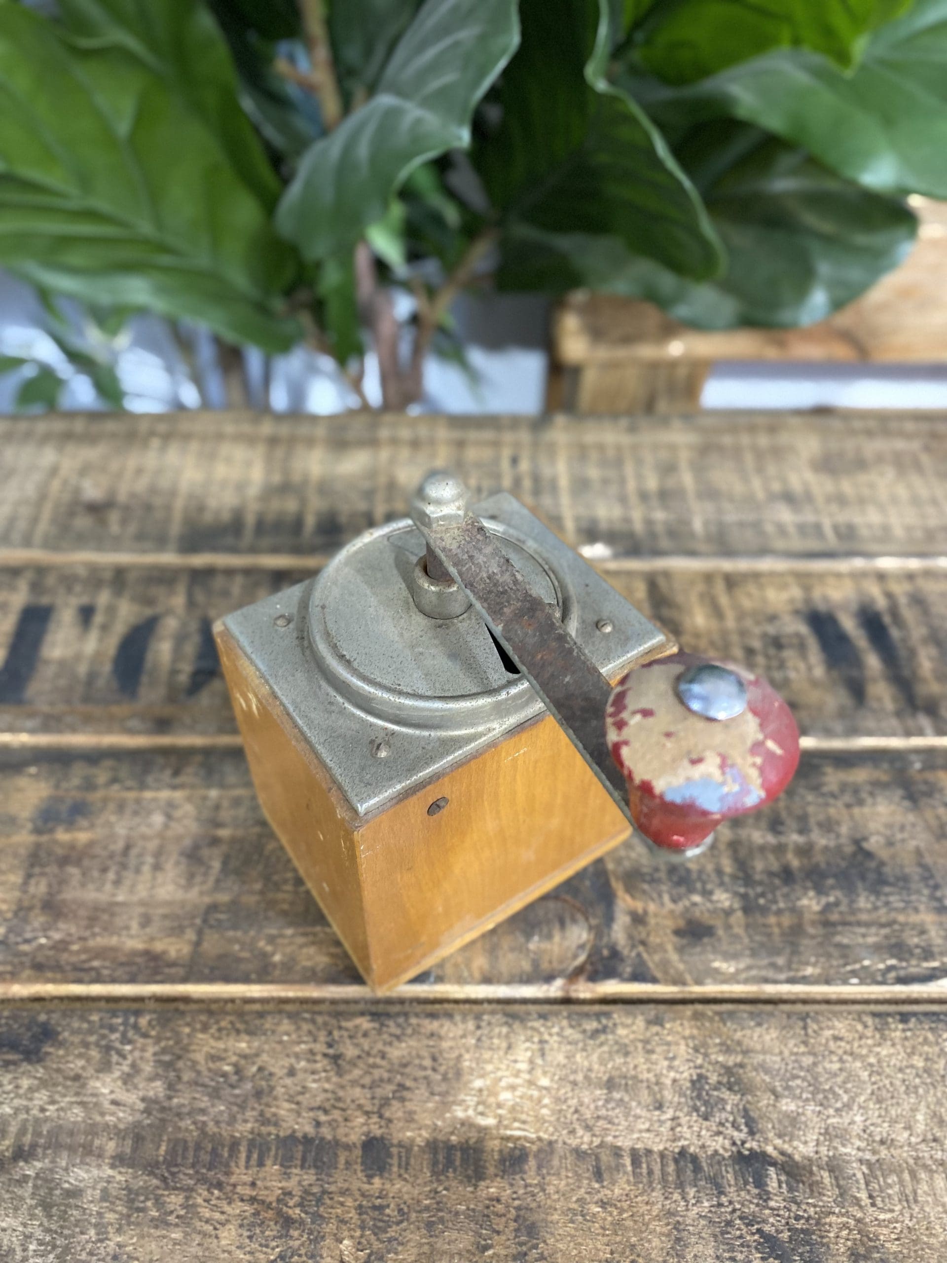#505 1950’s Wooden Elongated Hand Coffee Grinder & Pull Out Drawer