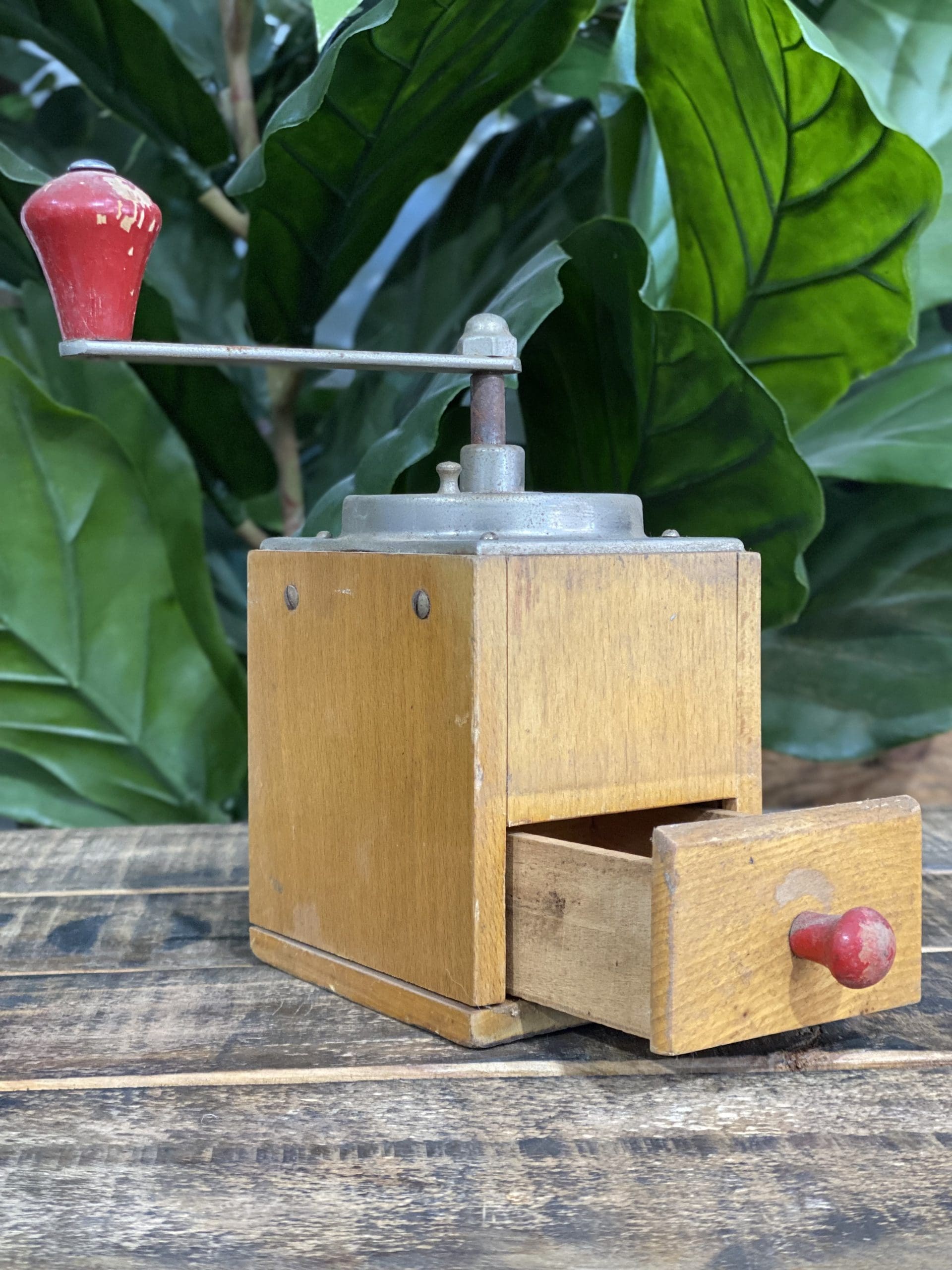 #505 1950’s Wooden Elongated Hand Coffee Grinder & Pull Out Drawer