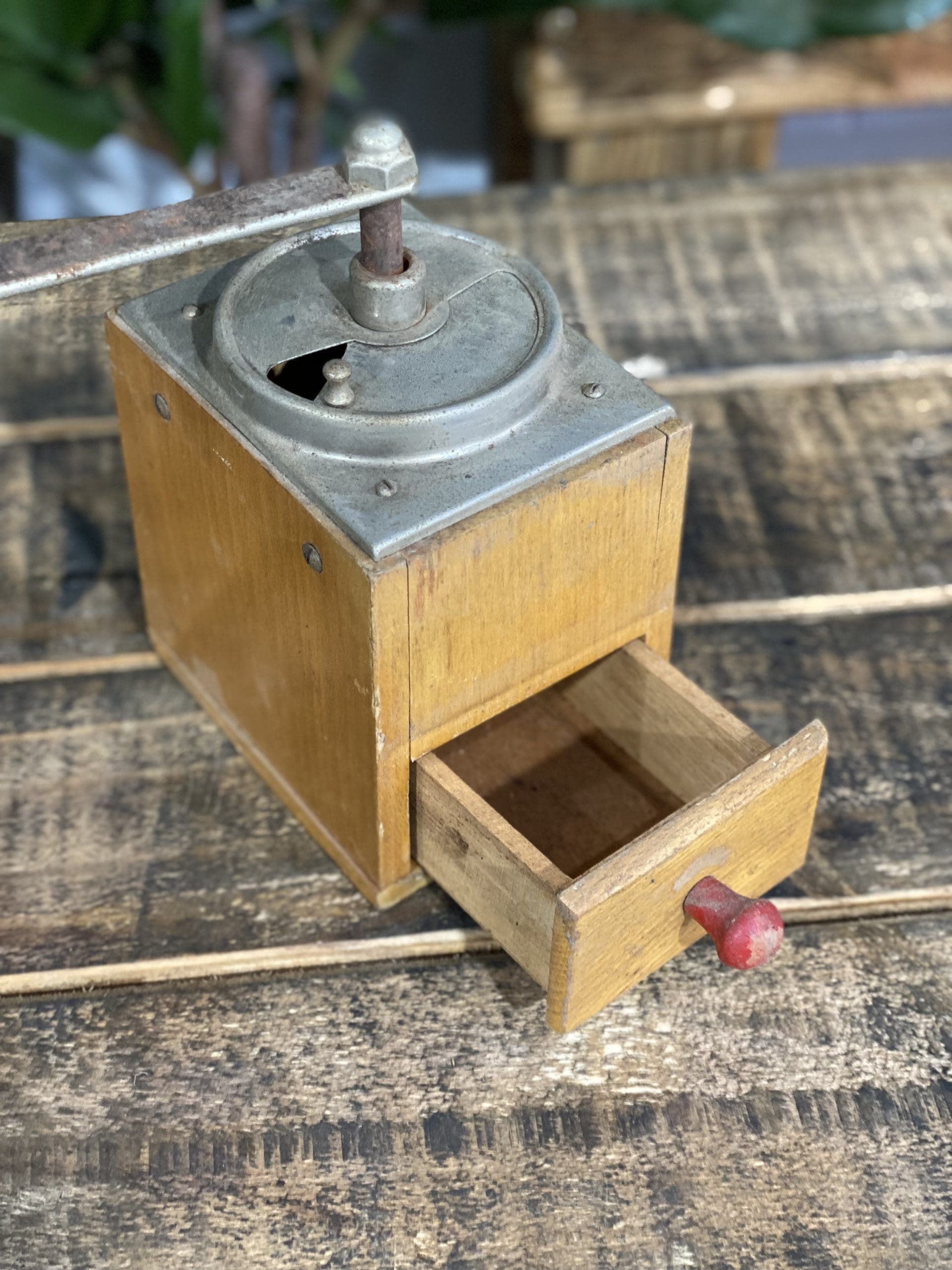 #505 1950’s Wooden Elongated Hand Coffee Grinder & Pull Out Drawer