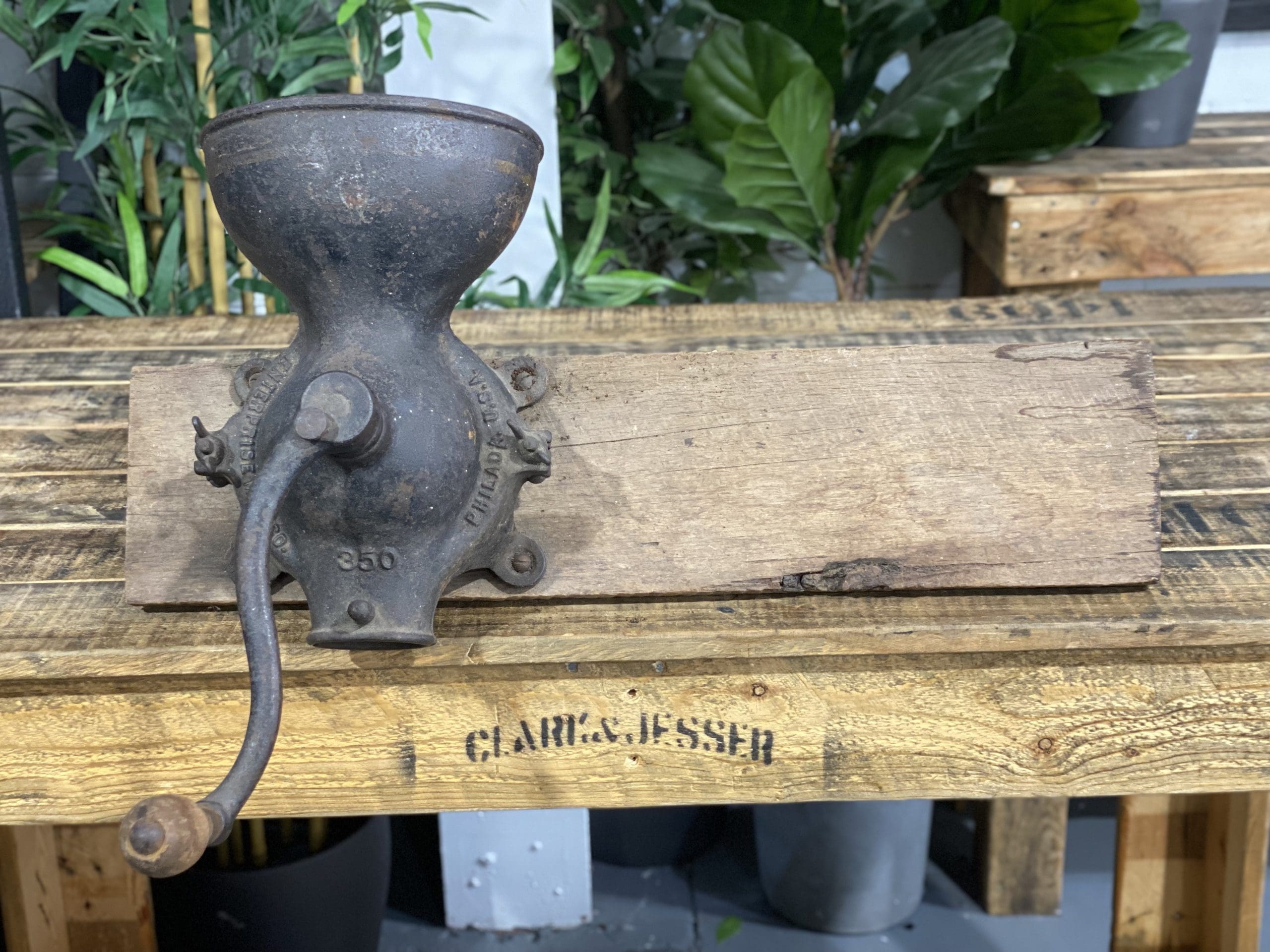 #510 1860’s Philadelphia Farmhouse Bench Mounted Hand Coffee Grinder