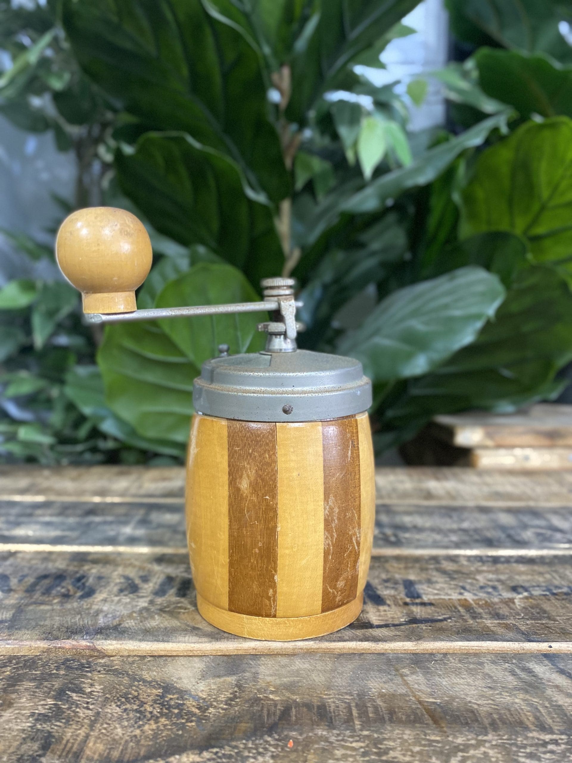 1920’s B & G Barrel Shaped Wooden Hand Coffee Grinder
