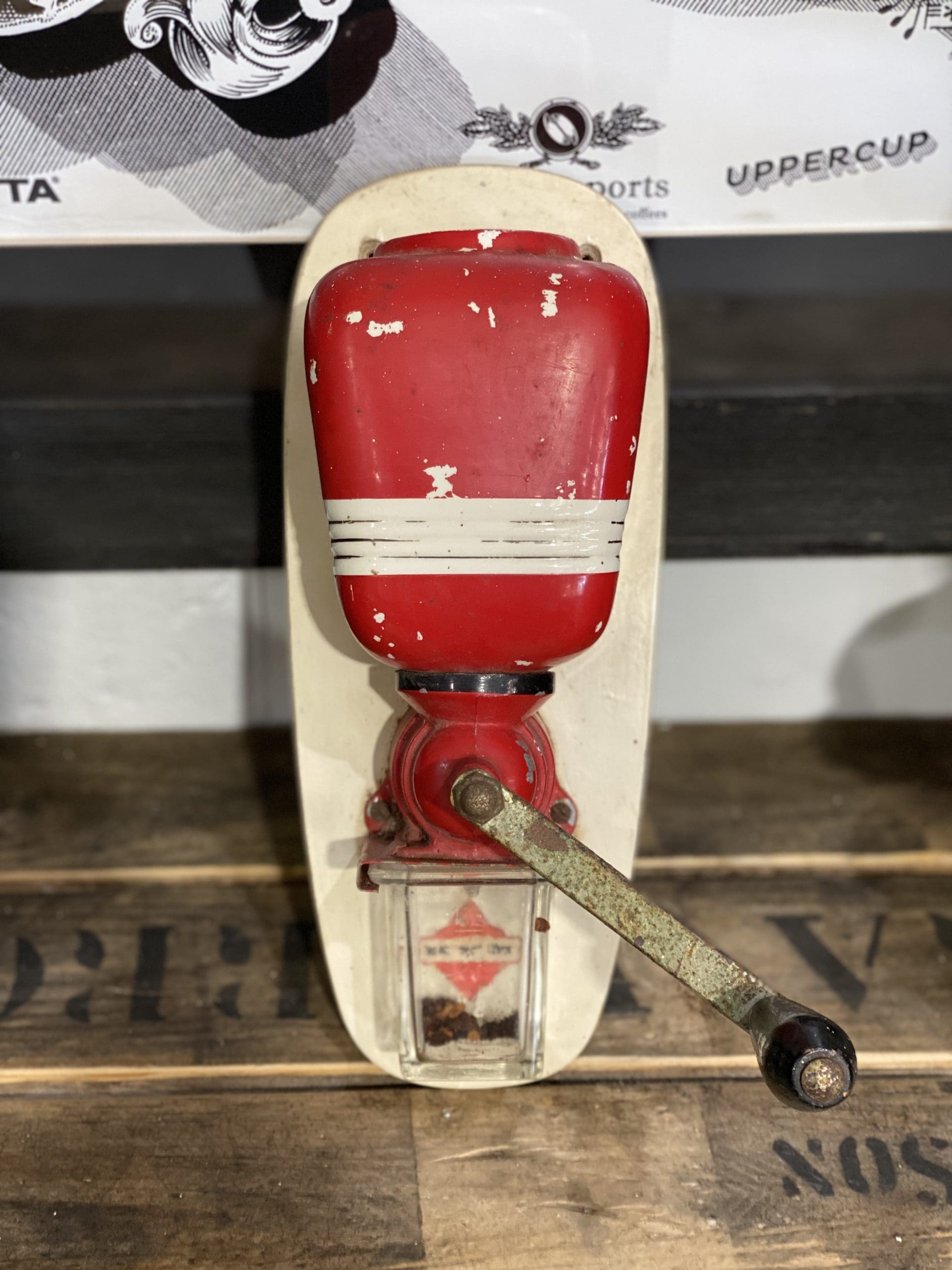 #99 1940’s Wall Mounted German Hand Grinder & Glass Grinds Collector