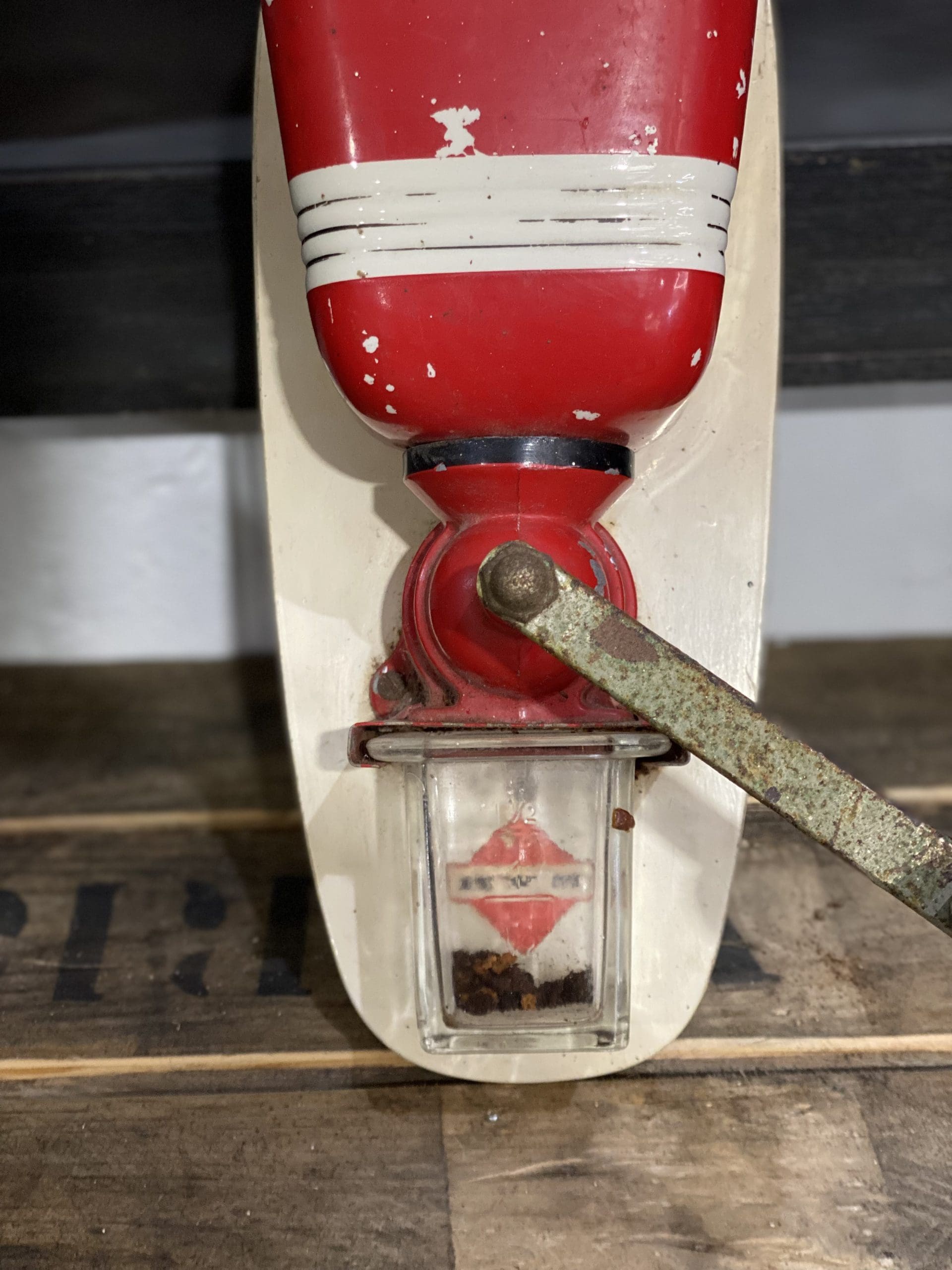 #99 1940’s Wall Mounted German Hand Grinder & Glass Grinds Collector