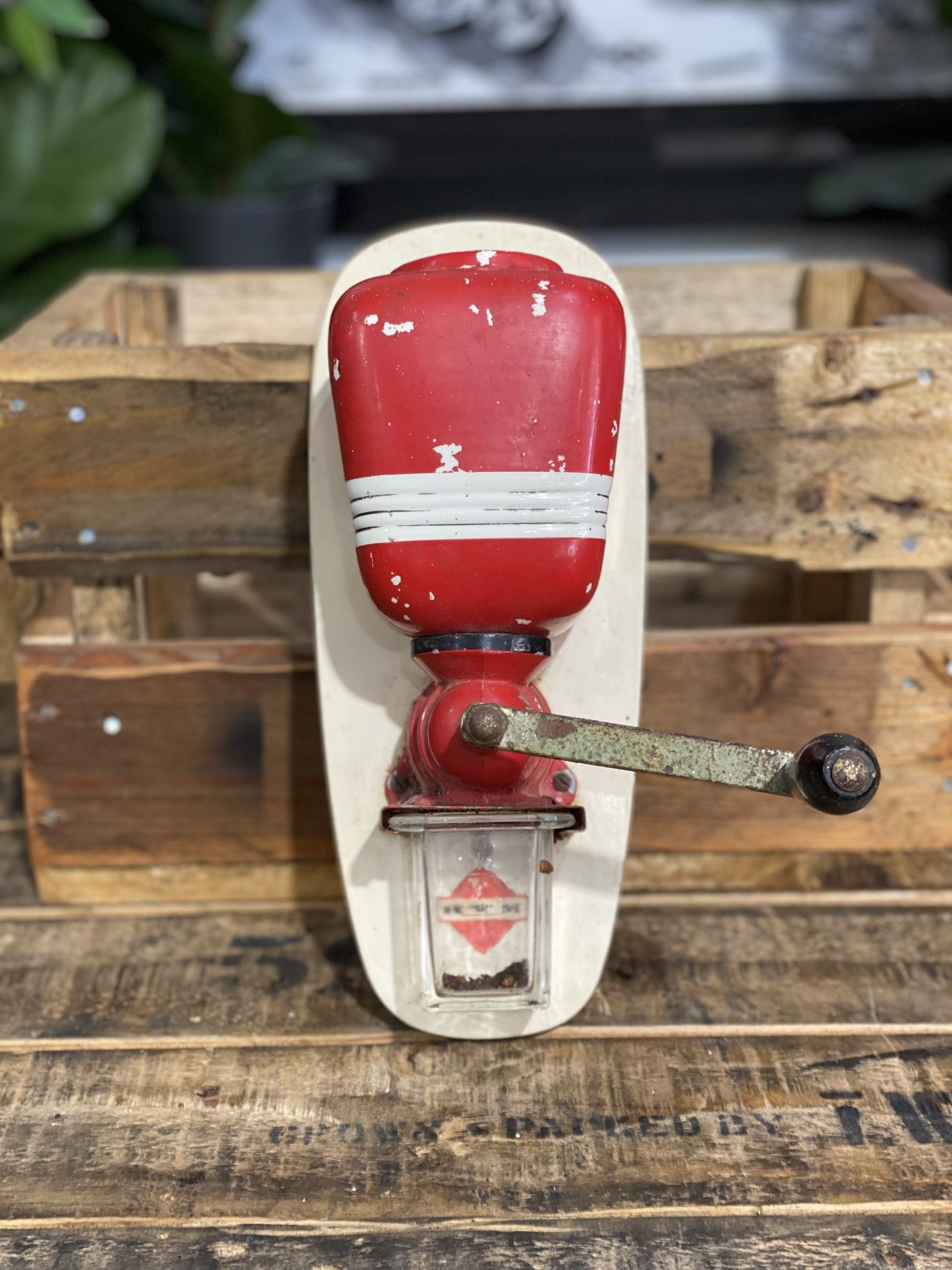#99 1940’s Wall Mounted German Hand Grinder & Glass Grinds Collector