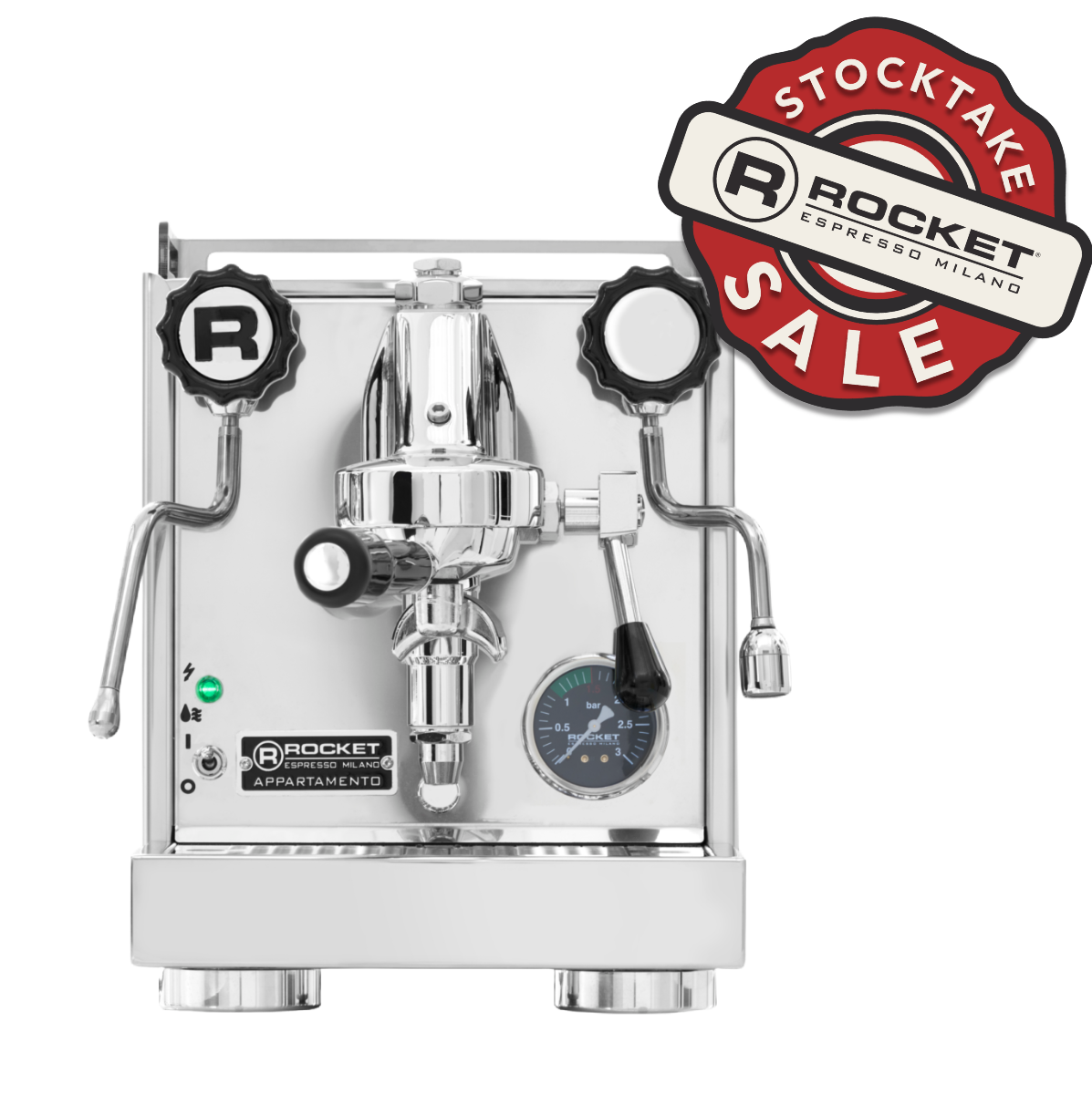 Rocket Appartamento 1 Group Coffee Machine - New with polished stainless steel and copper accents in stocktake sale.