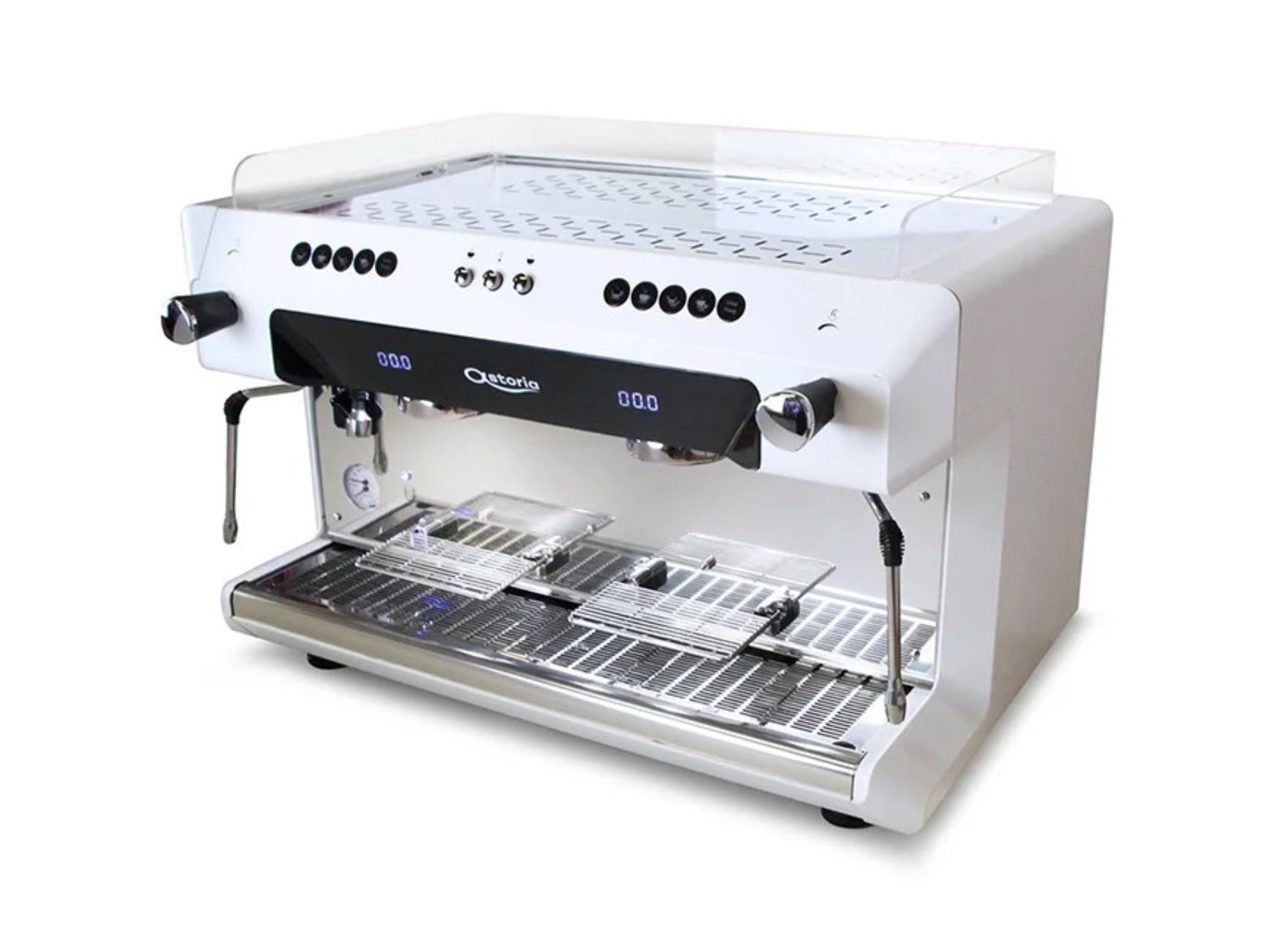 Astoria Core 200 2 Group Espresso Coffee Machine in white on an angle facing left. The machine is on a white background.