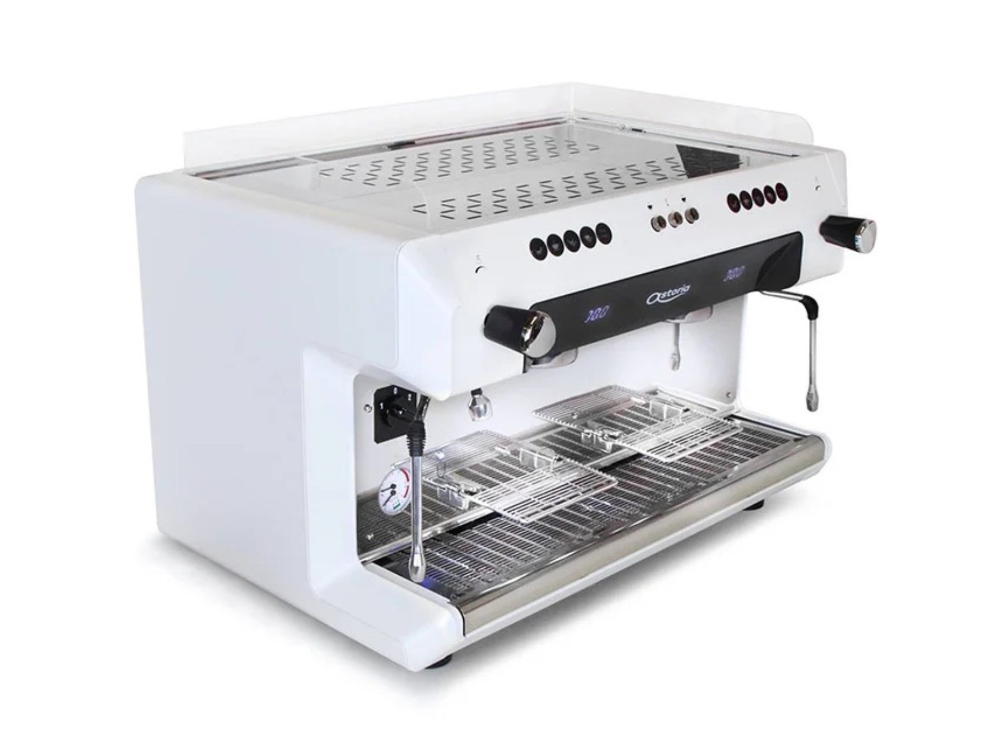 Astoria Core 200 2 Group Espresso Coffee Machine in white on an angle facing right. The machine is on a white background.