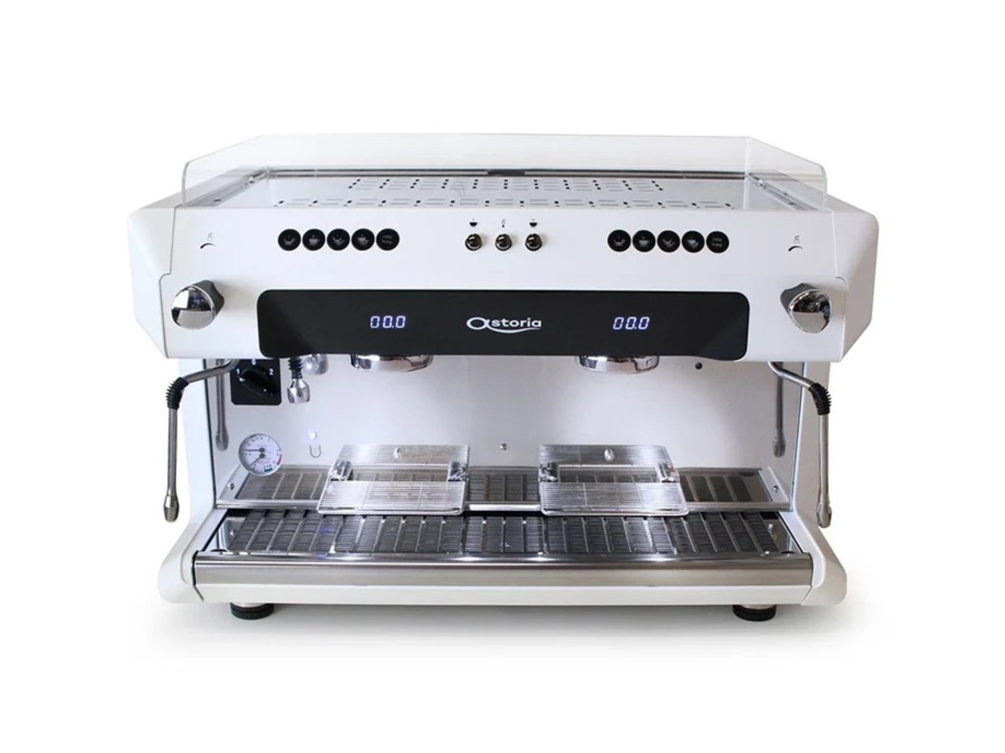 Astoria Core 200 2 Group Espresso Coffee Machine in white viewed front on. The machine is on a white background.