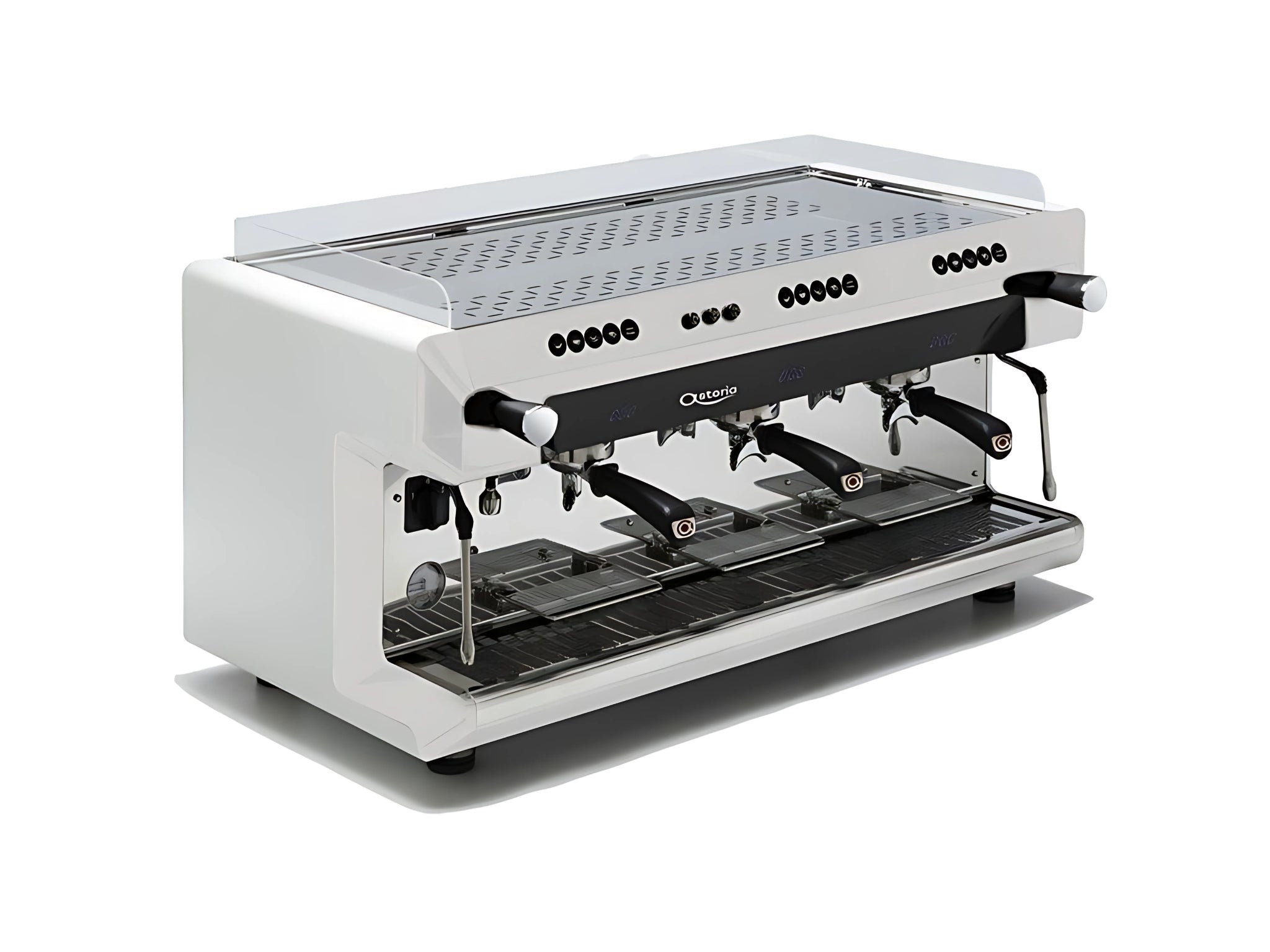 Astoria Core 200 3 group machine in white with a white background. The machine is angled towards the right.