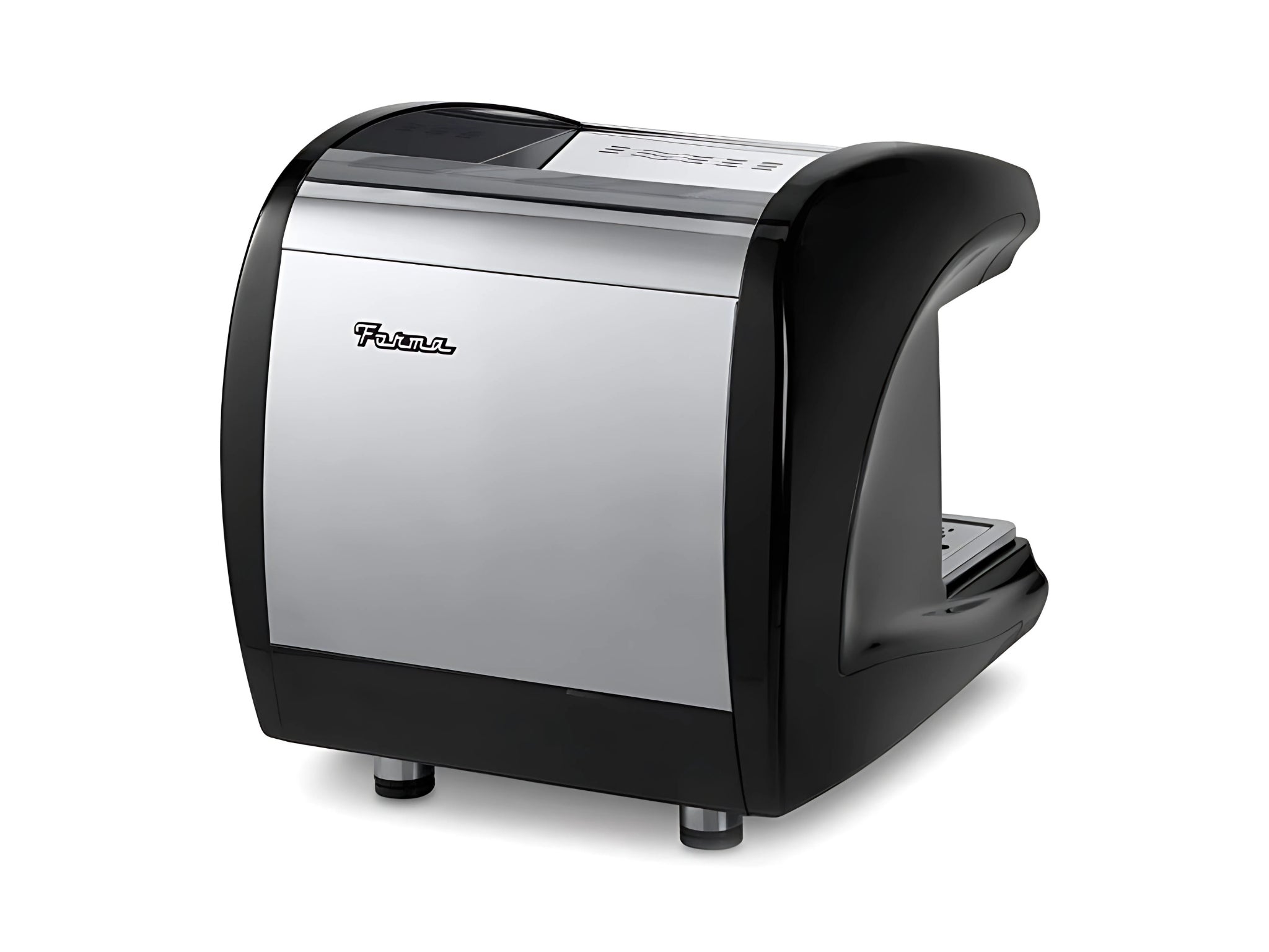 Astoria Forma 1 Group Black Espresso Coffee Machine with a white background. The image is taken from behind the machine, showing the back and side of the machine as it is placed on an angle.