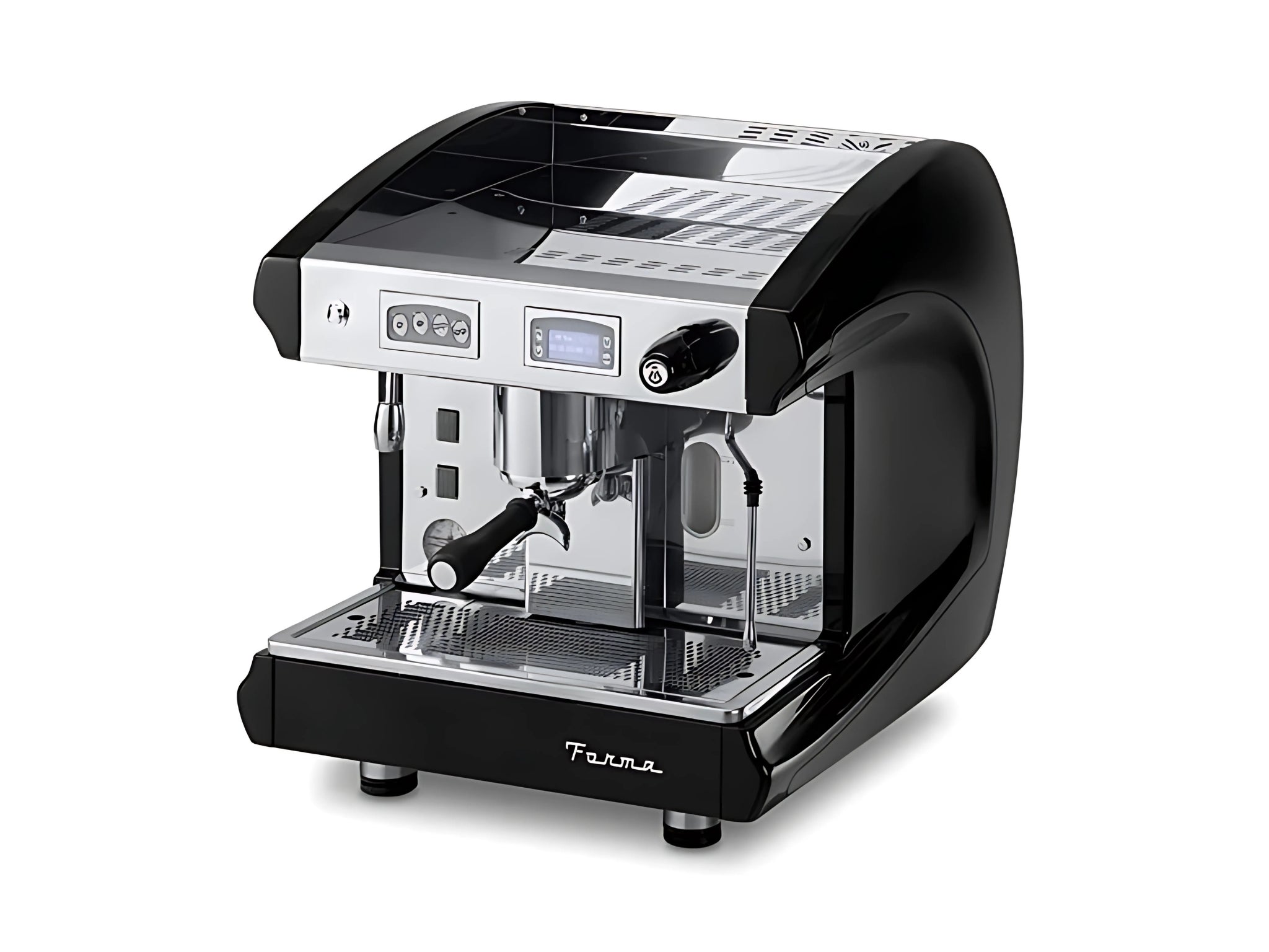 Astoria Forma 1 Group Black Espresso Coffee Machine with a white background. The machine is on an angle and facing the left