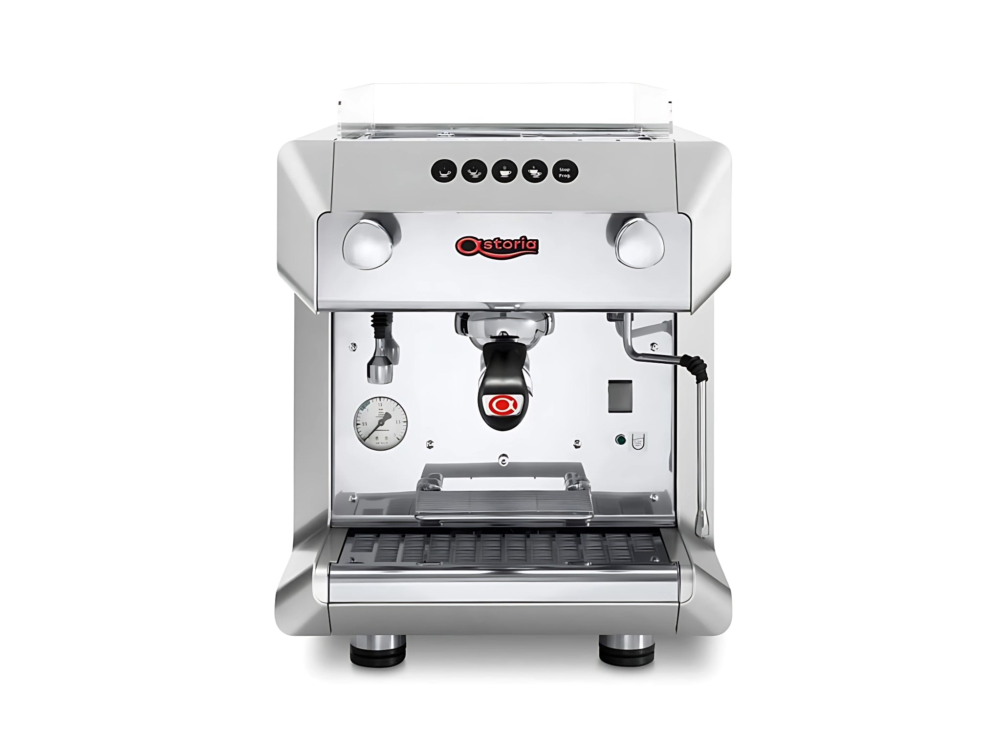 A new Astoria Greta 1 Group Espresso Coffee Machine in white with a white background. The image is taken from the front of machine.