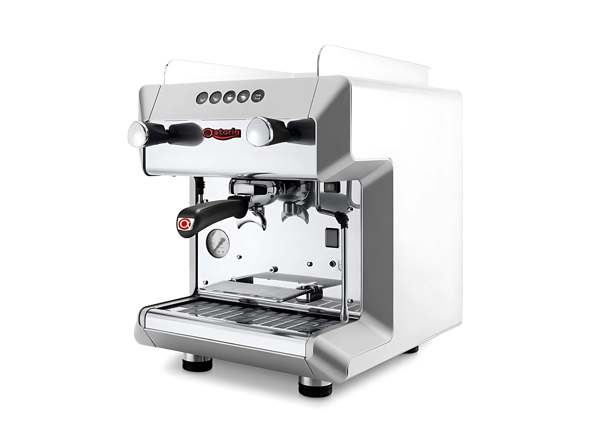 A new Astoria Greta 1 Group Espresso Coffee Machine in white with a white background. The machine is on an angle facing the left