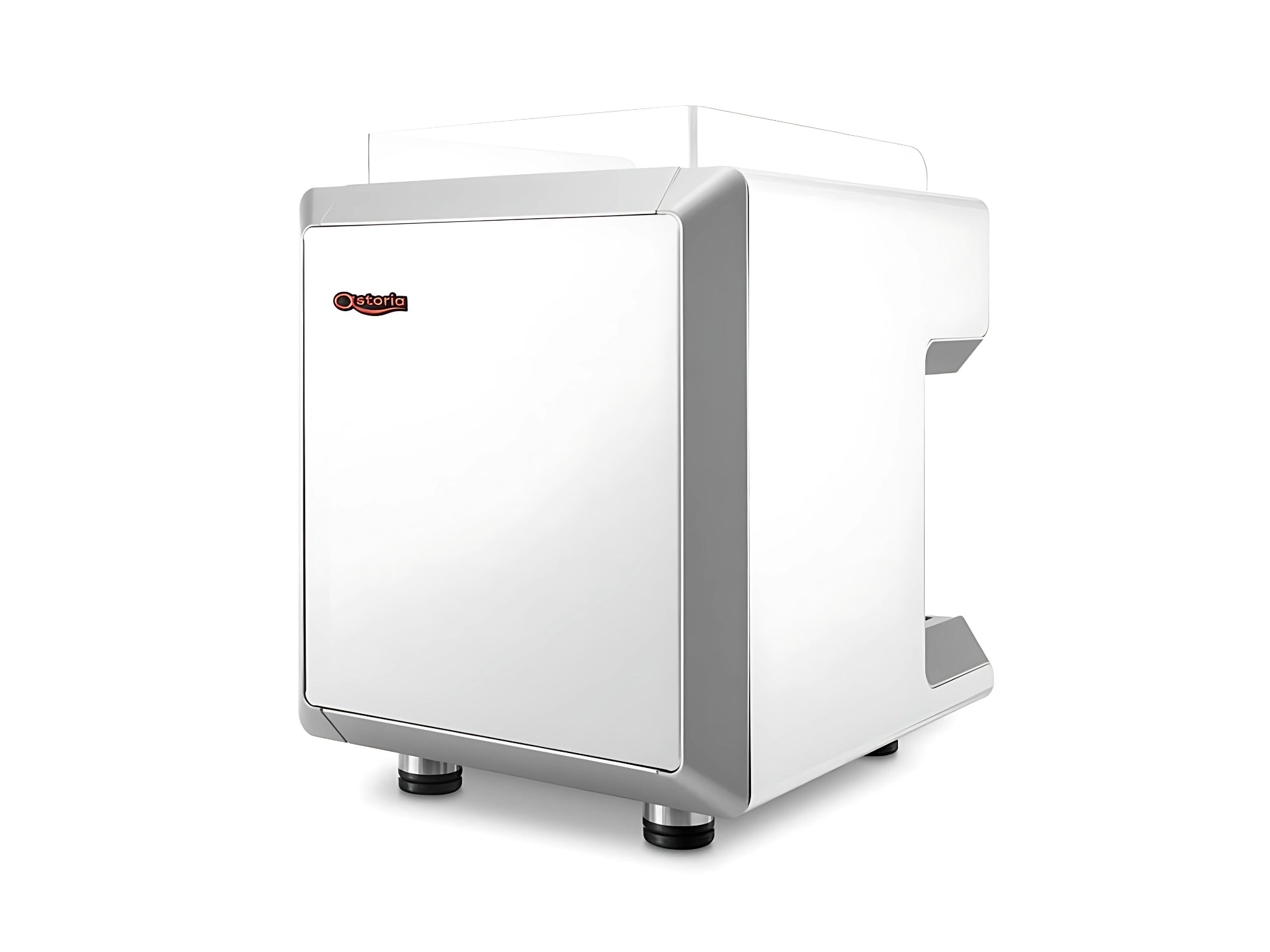 A new Astoria Greta 1 Group Espresso Coffee Machine in white with a white background. The image is taken from behind the machine, displaying the back and side of the machine