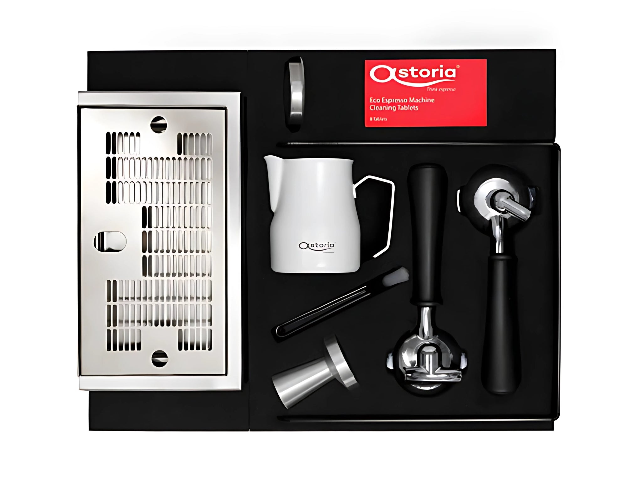 Accessories included with the Astoria Loft Coffee Machine
1 x Single portafilter
1 x Dual portafilter
1 x Coffee tamper
1 x 0.5L milk jug
1 x Microfiber cloth
2 x Single filters
2 x Double filters
1 x Blind filter
1 x Pack of cleaning tablets
1 x Cleaning brush