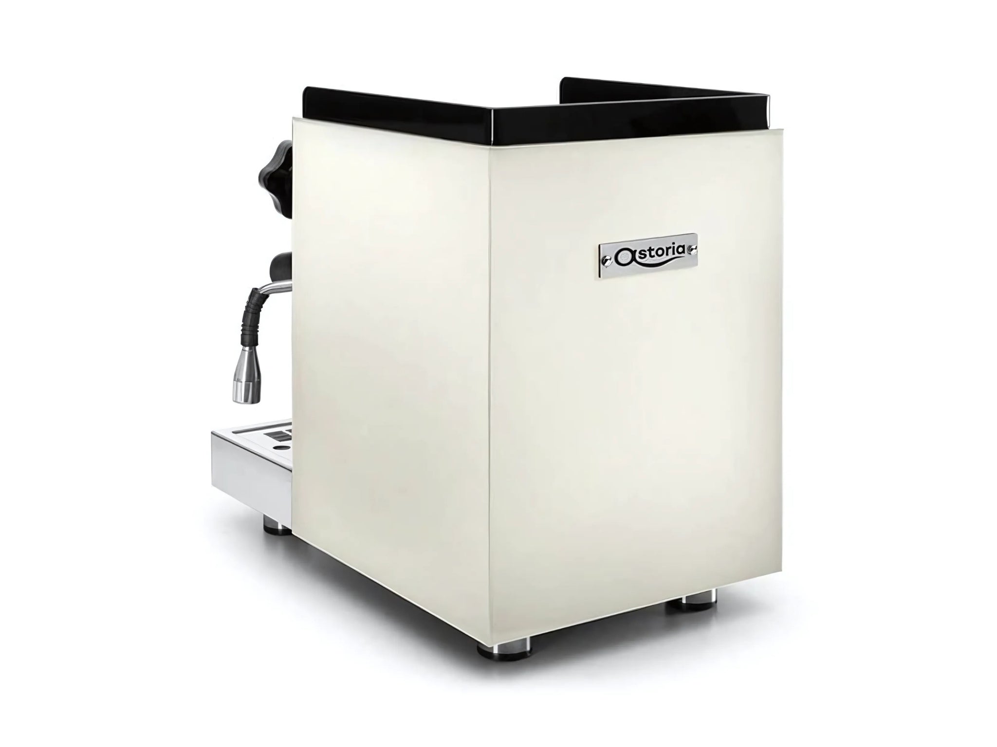 Astoria Loft 1 Group White Espresso Coffee Machine on a white background. The image is taken from behind the machine is on an angle so that the back and side of the machine is visible.