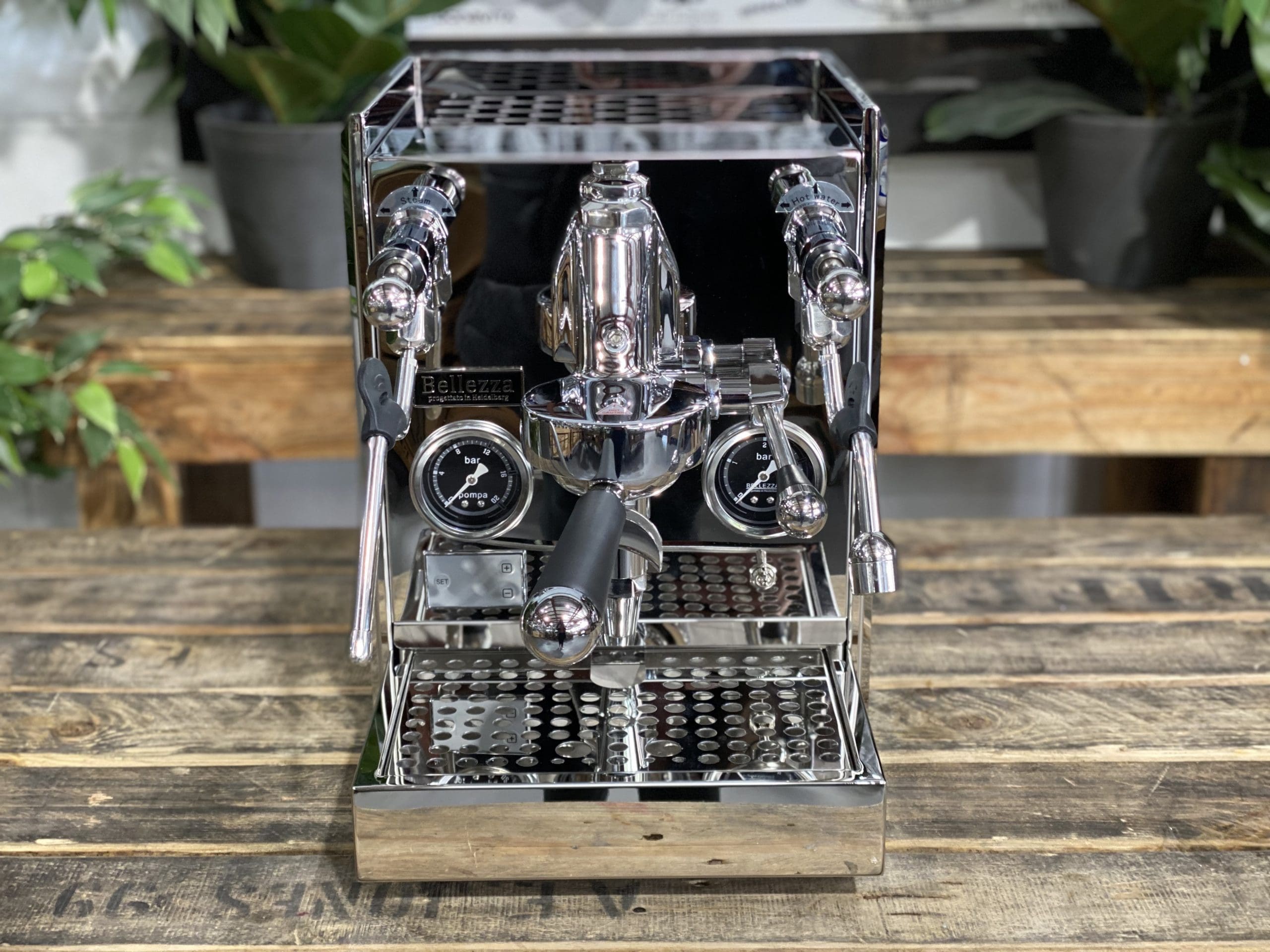 Bellezza Gulia Lever 1 Group Stainless Espresso Machine - New on display with polished chrome finish and gauges.