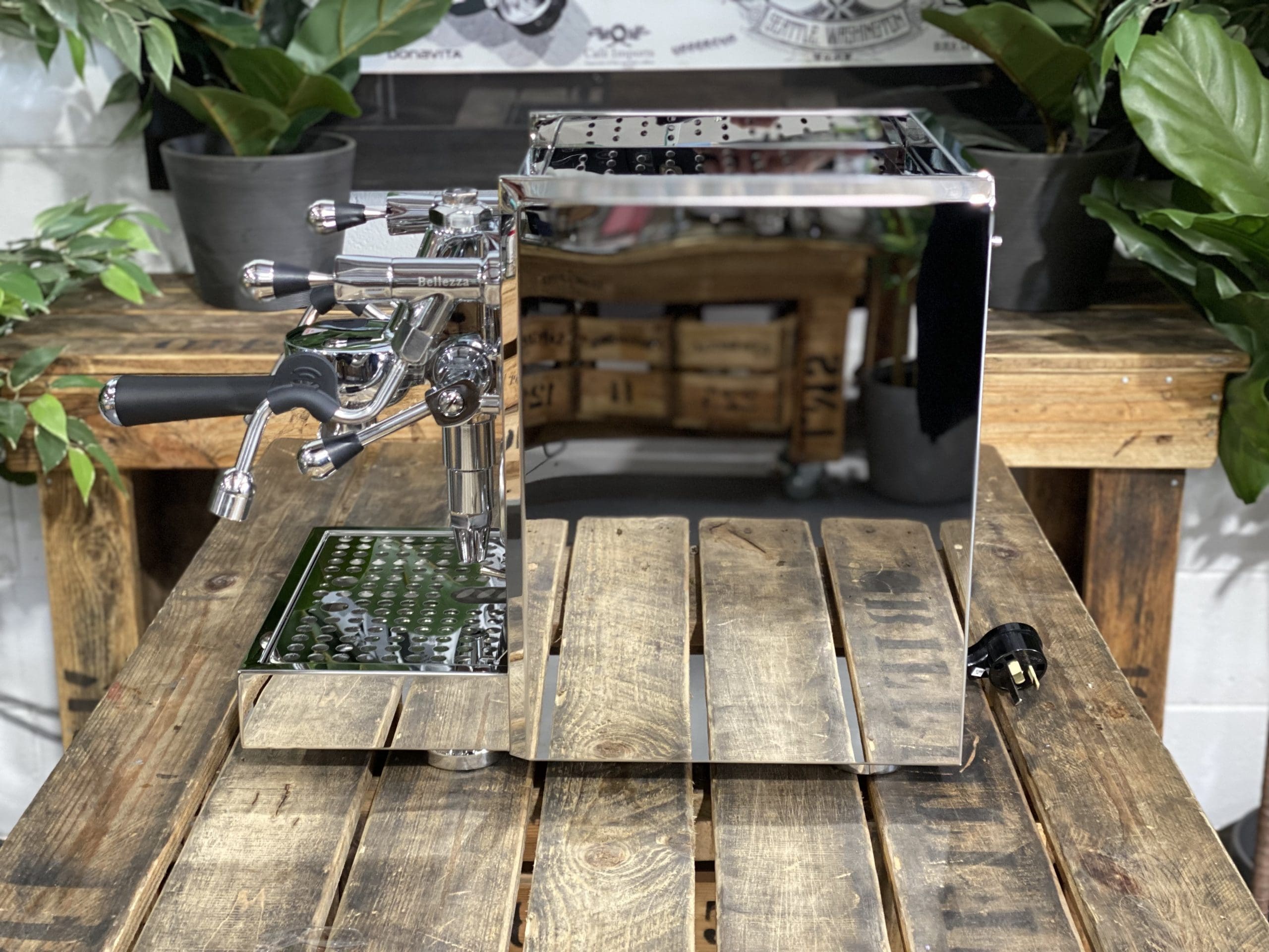 Bellezza Gulia Lever 1 Group Stainless Espresso Machine - New on a wooden table