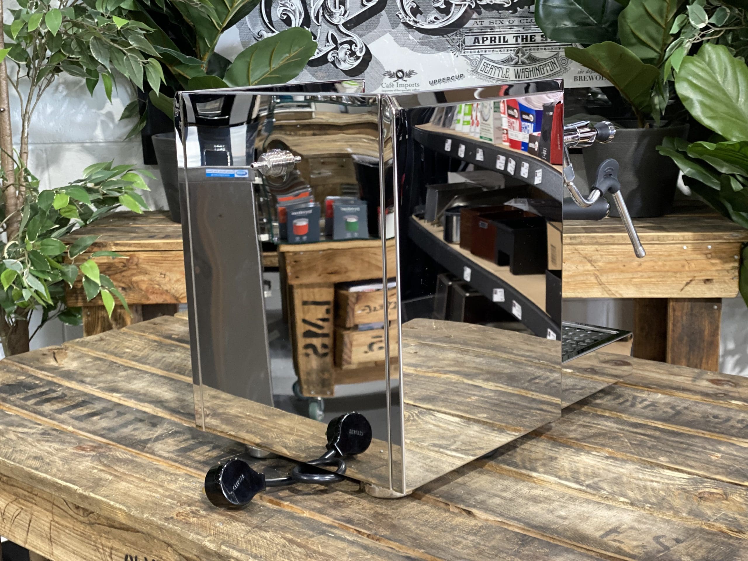 Bellezza Gulia Lever 1 Group Stainless Espresso Machine - New displayed on rustic wooden table.