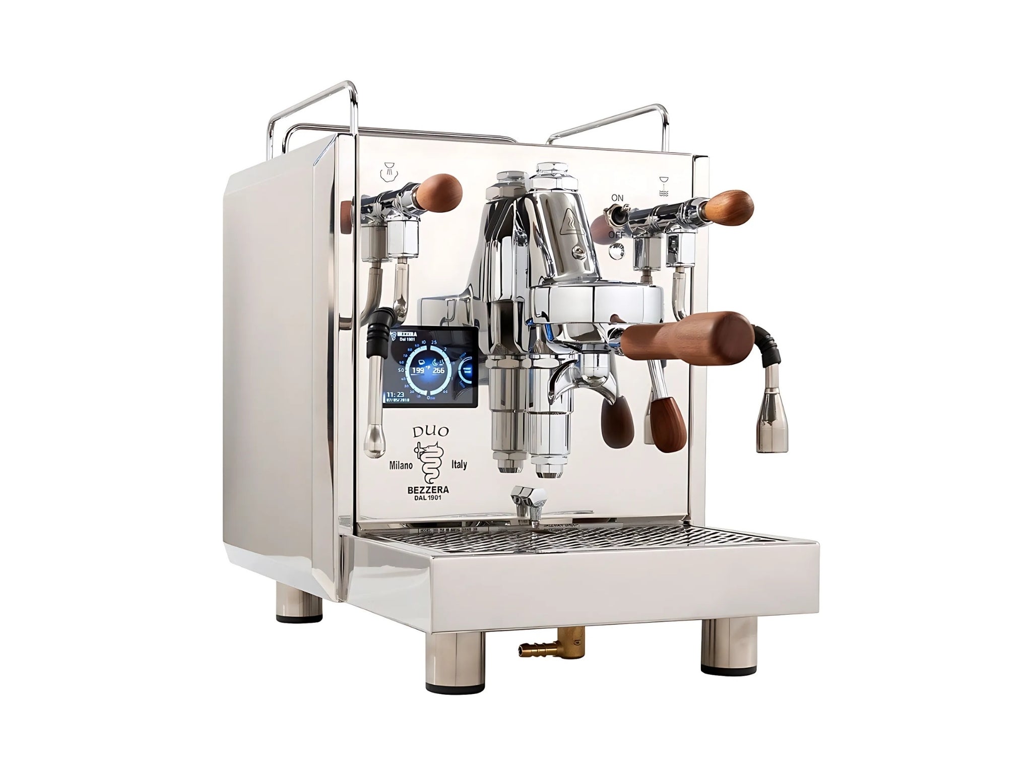 A new Bezzera Duo MN 1 Group Espresso Coffee Machine in Stainless Steel on a white background. The machine is photographed on an angle and the front and side of the machine is visible.