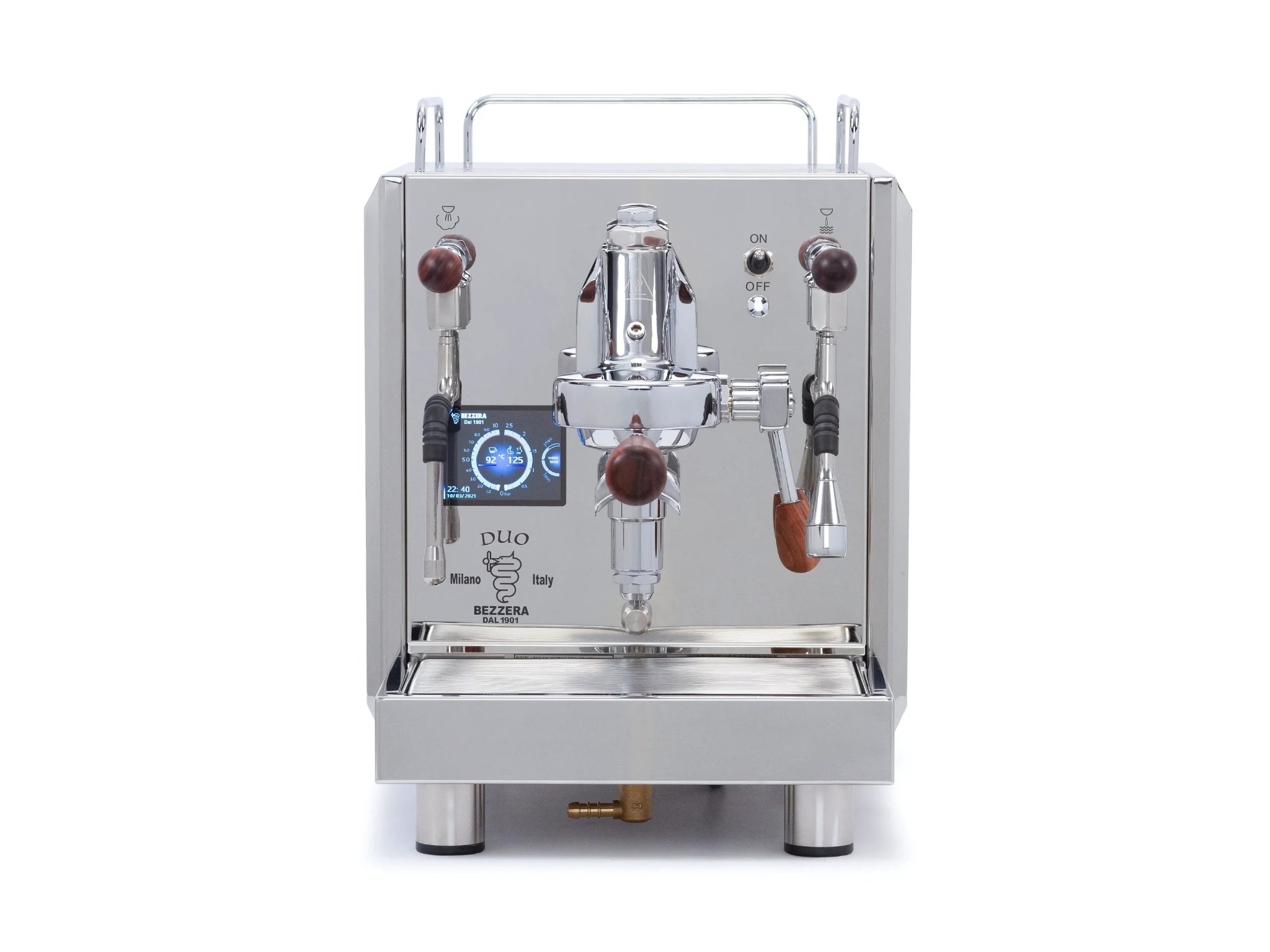 A new Bezzera Duo MN 1 Group Espresso Coffee Machine in Stainless Steel on a white background. The machine is photographed from the front making the controls and group heads visible.