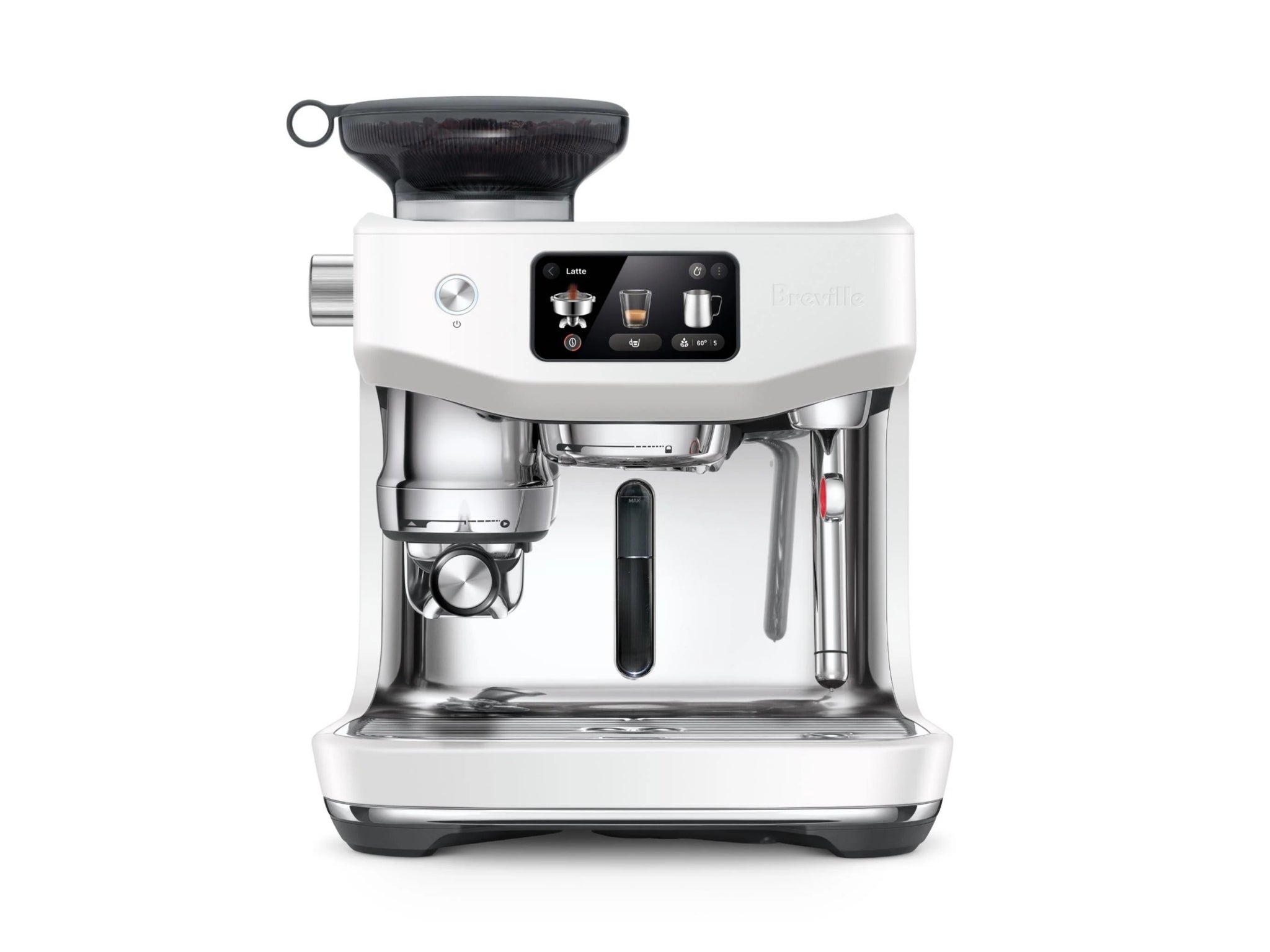 Breville Oracle Jet 1 Group Coffee Machine White - New, front-on view on a white background, displaying the espresso group head, milk steamer wand, and touch screen controls.