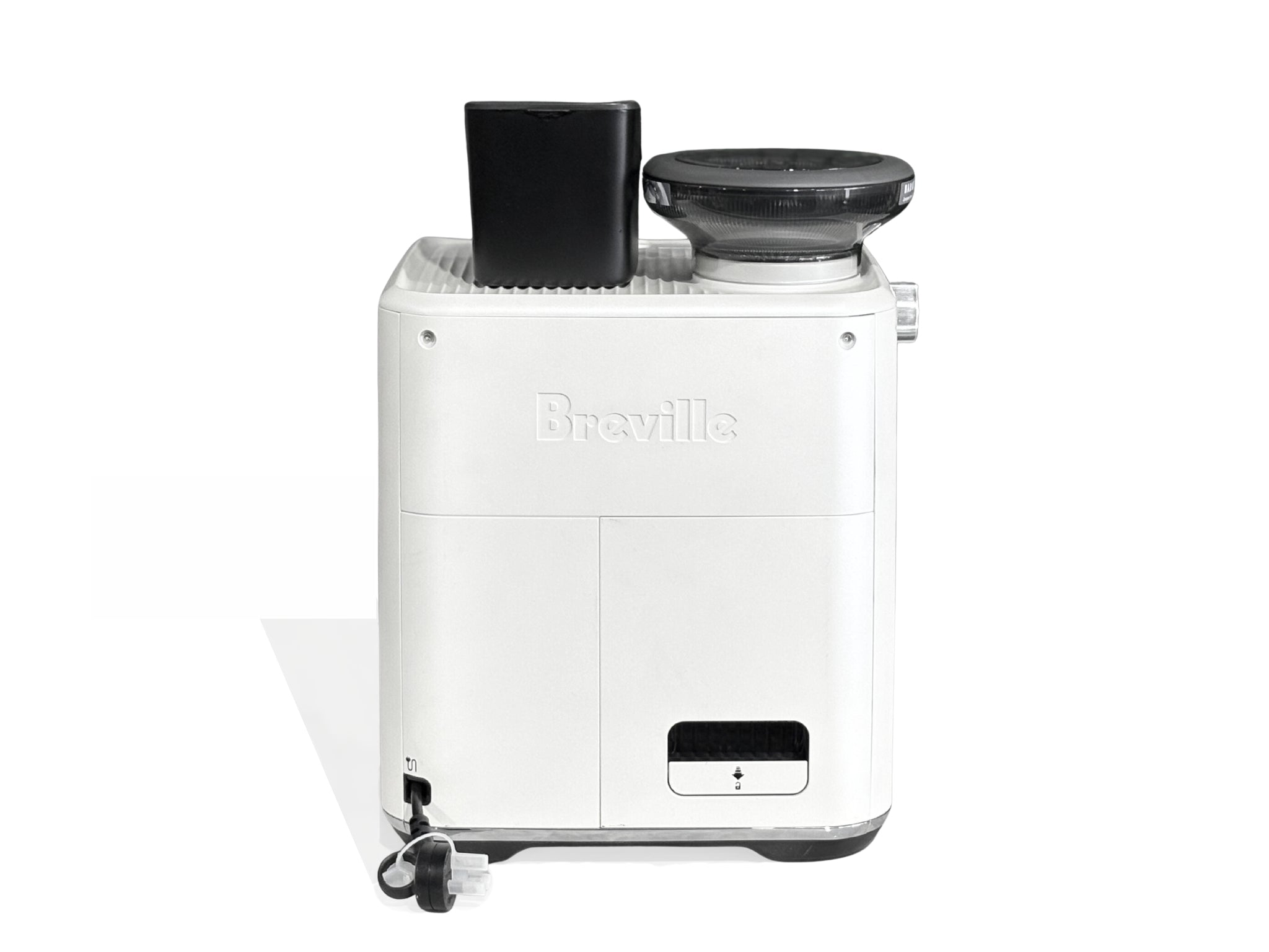 Breville Oracle Jet 1 Group Coffee Machine White - New, rear view on a plain white background, showing the machine’s power connection area and the smooth white body.