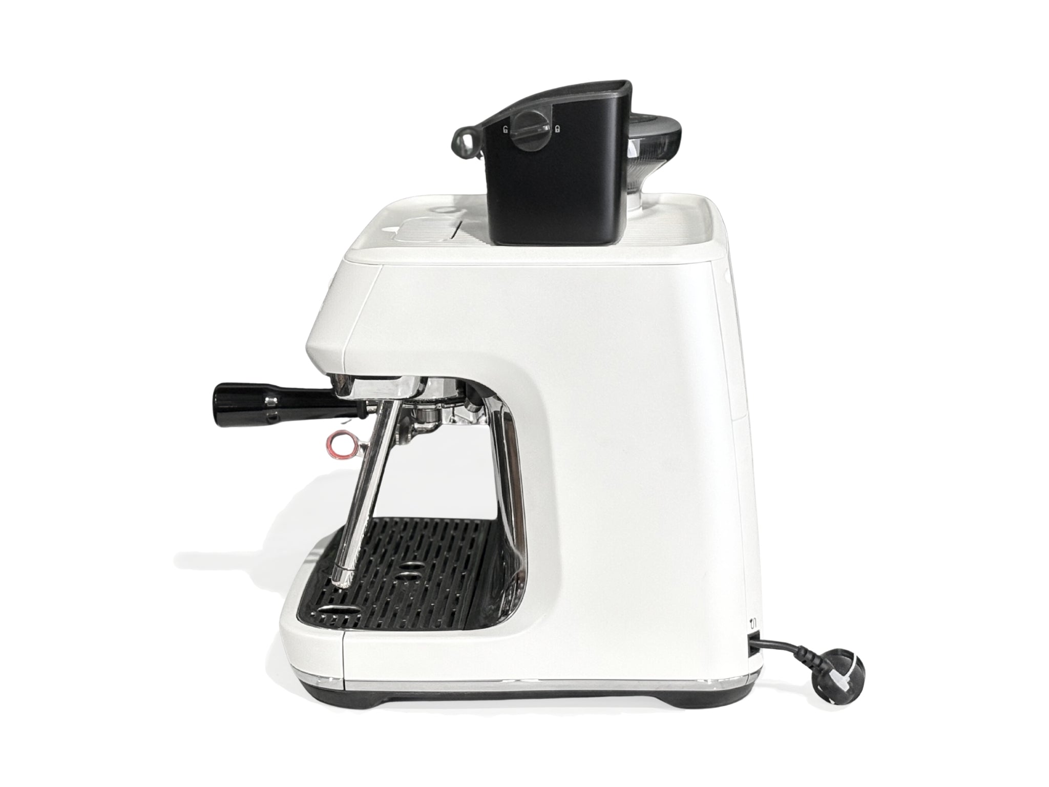 Breville Oracle Jet 1 Group Coffee Machine White - New, side view on a white background, showcasing the AutoMilQ milk steamer, espresso group head, and white stainless body.
