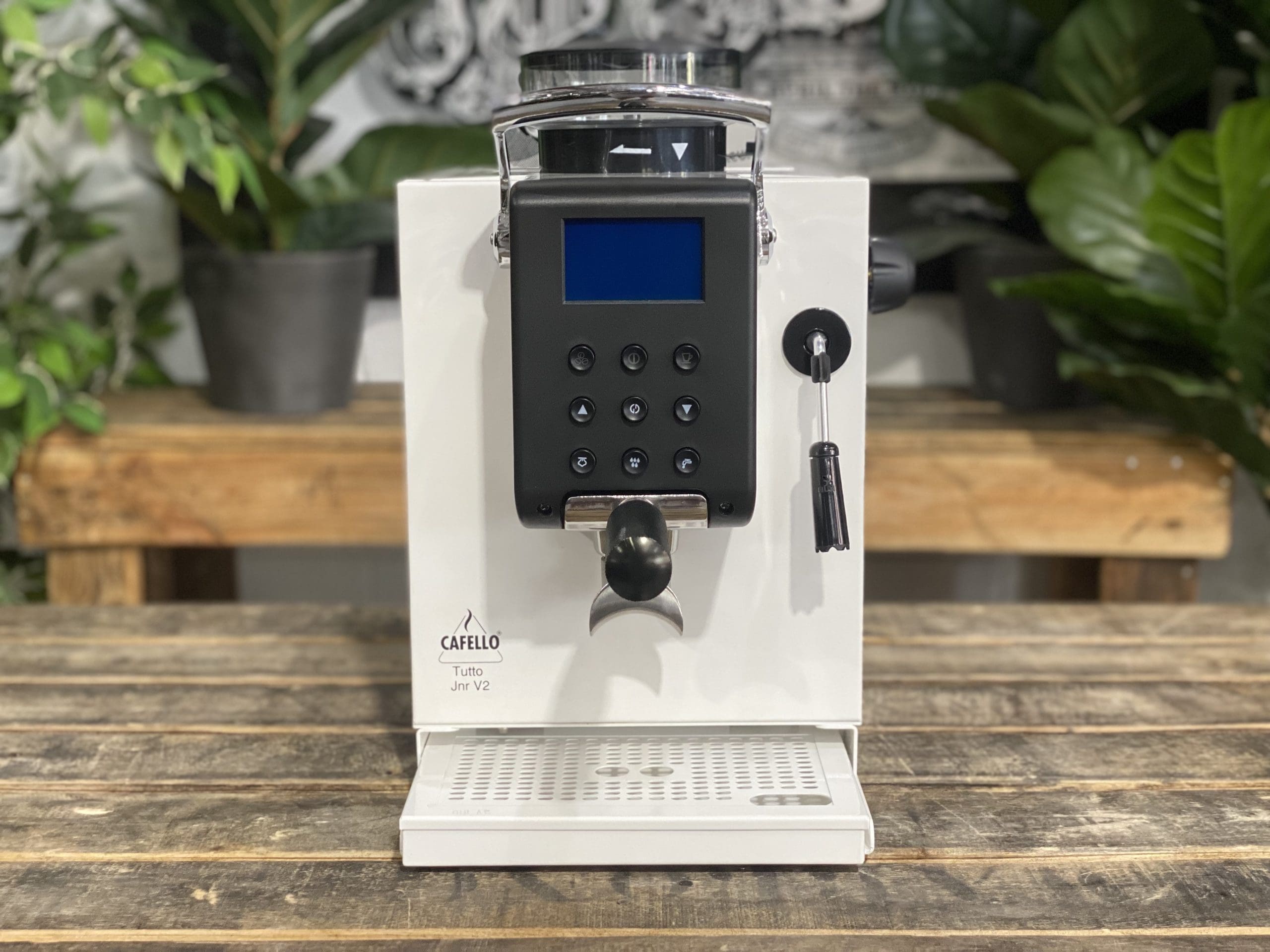 Cafello Tutto Junior V2 Espresso Machine White - New on display with a user-friendly control panel and steam wand.