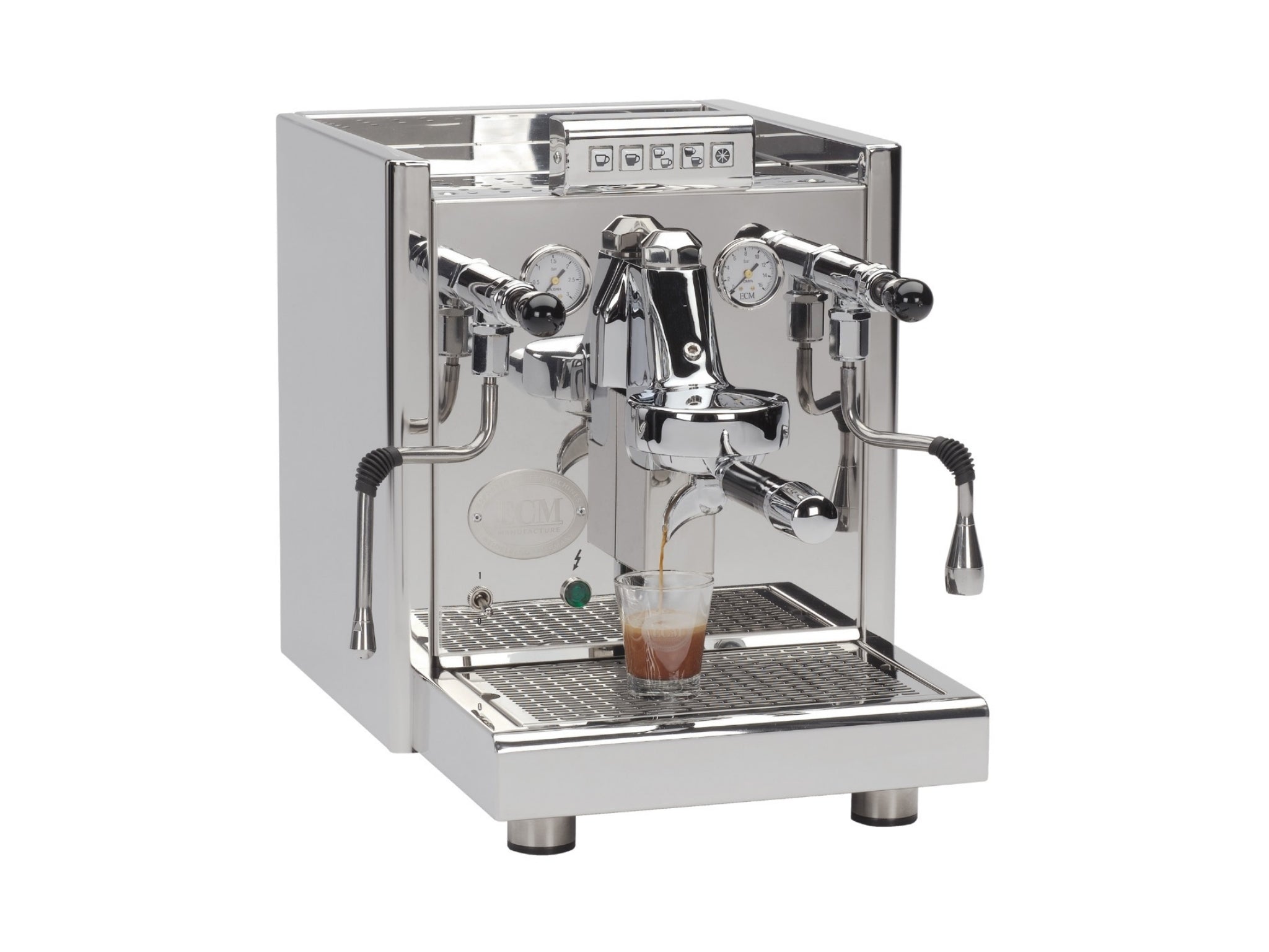 ECM Elektronika II Profi Rotary 1 Group Coffee Machine Stainless – New on white background, showing angled view of stainless steel body, E61 group head, steam wand, and cup warmer.